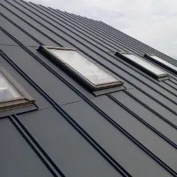 Grafitowy dach z blachy na rąbek stojący, z czterema oknami dachowymi. Widok z dołu, pochmurne niebo w tle. Minimalistyczny styl.