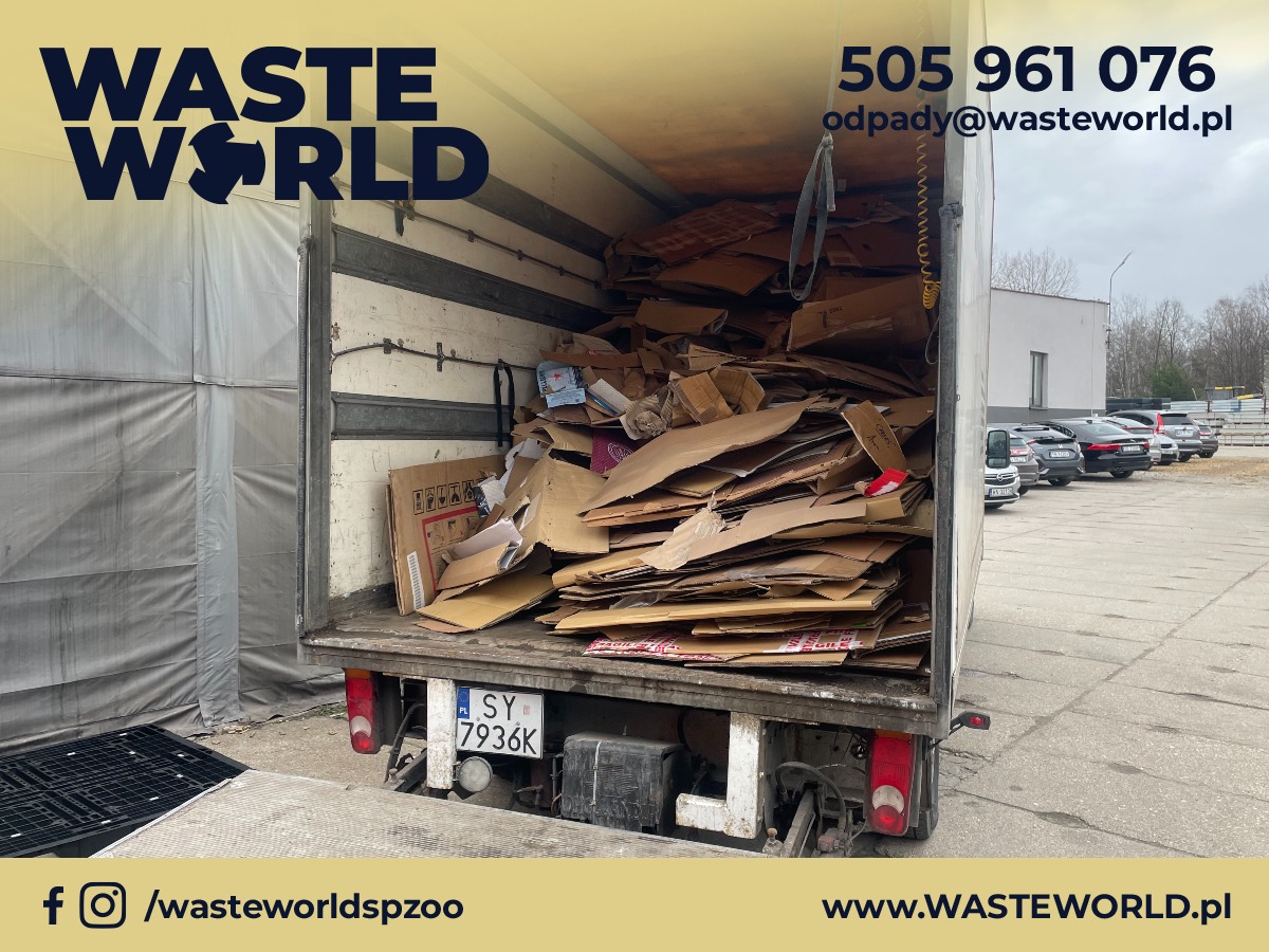 Wnętrze ciężarówki wypełnionej makulaturą kartonową, widok z tyłu, z widocznymi tablicami rejestracyjnymi i częścią rampy załadunkowej.