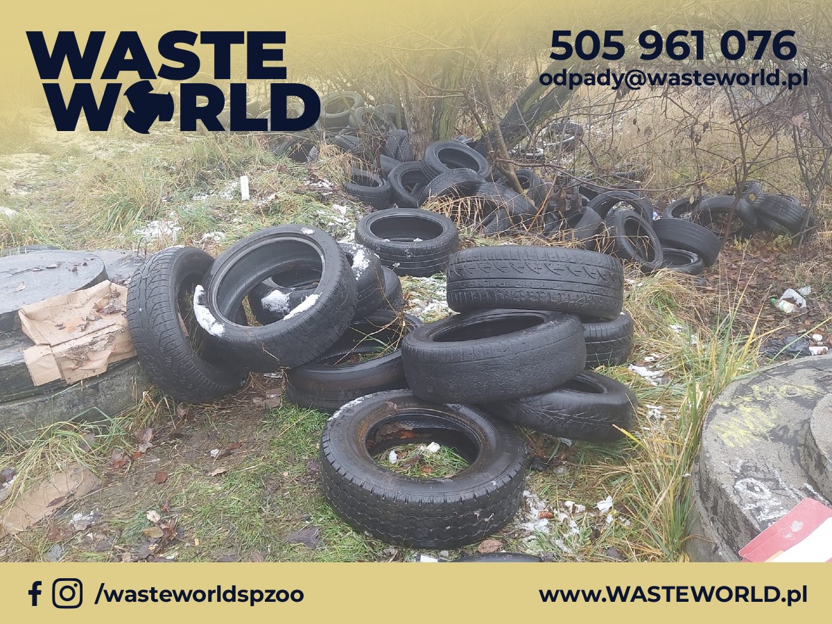 Dzikie składowisko zużytych opon w trawie, częściowo pokryte śniegiem, z widocznym logo firmy Waste World i danymi kontaktowymi.