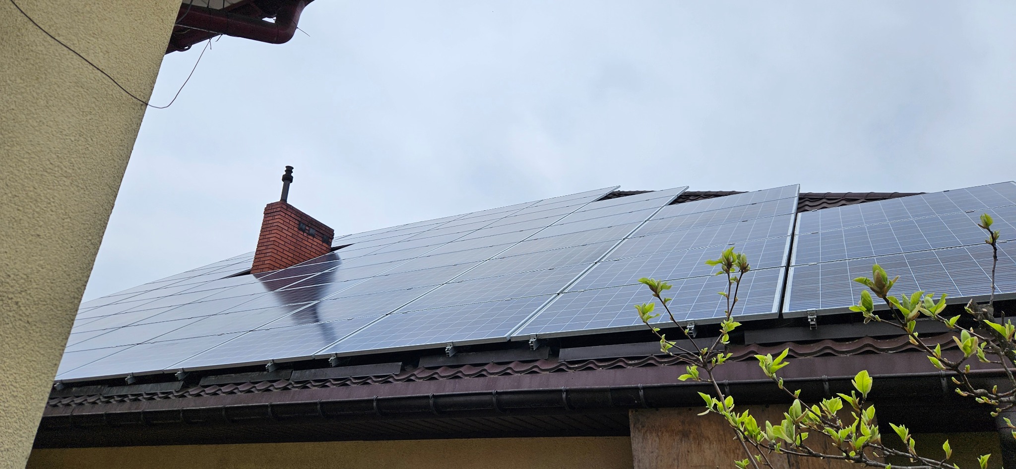 Panele słoneczne na brązowym dachu domu jednorodzinnego z ceglanym kominem; wiosenne pąki na gałęziach w pierwszym planie