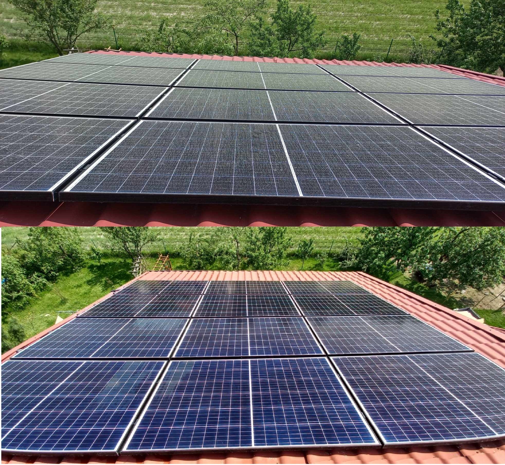 Częściowo umyte panele słoneczne na czerwonym dachu z widokiem na zielony trawnik i drzewa w tle.