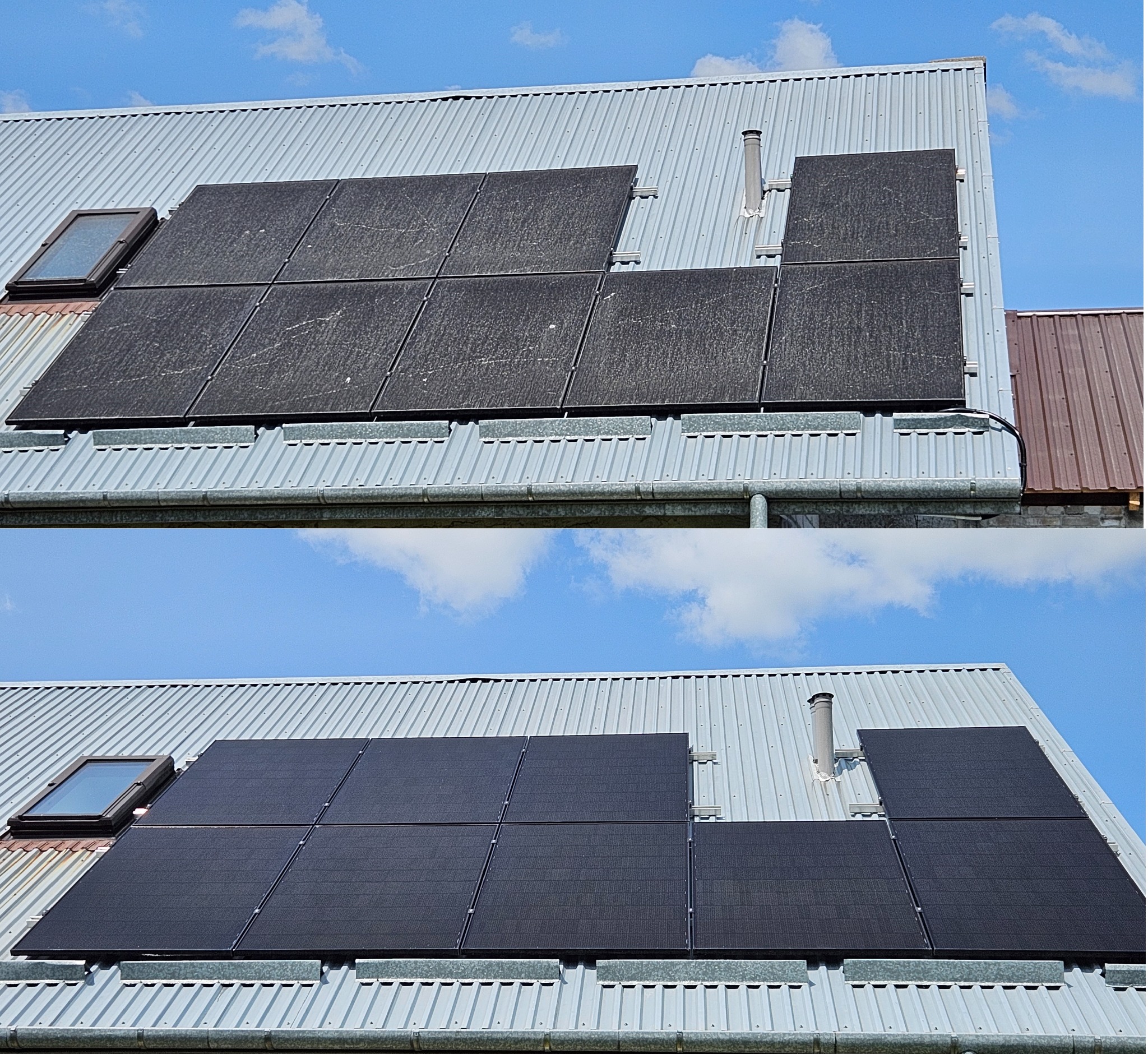 Panele z powłoką hydrofobowa, tzw 'samoczyszczące' przed i po myciu