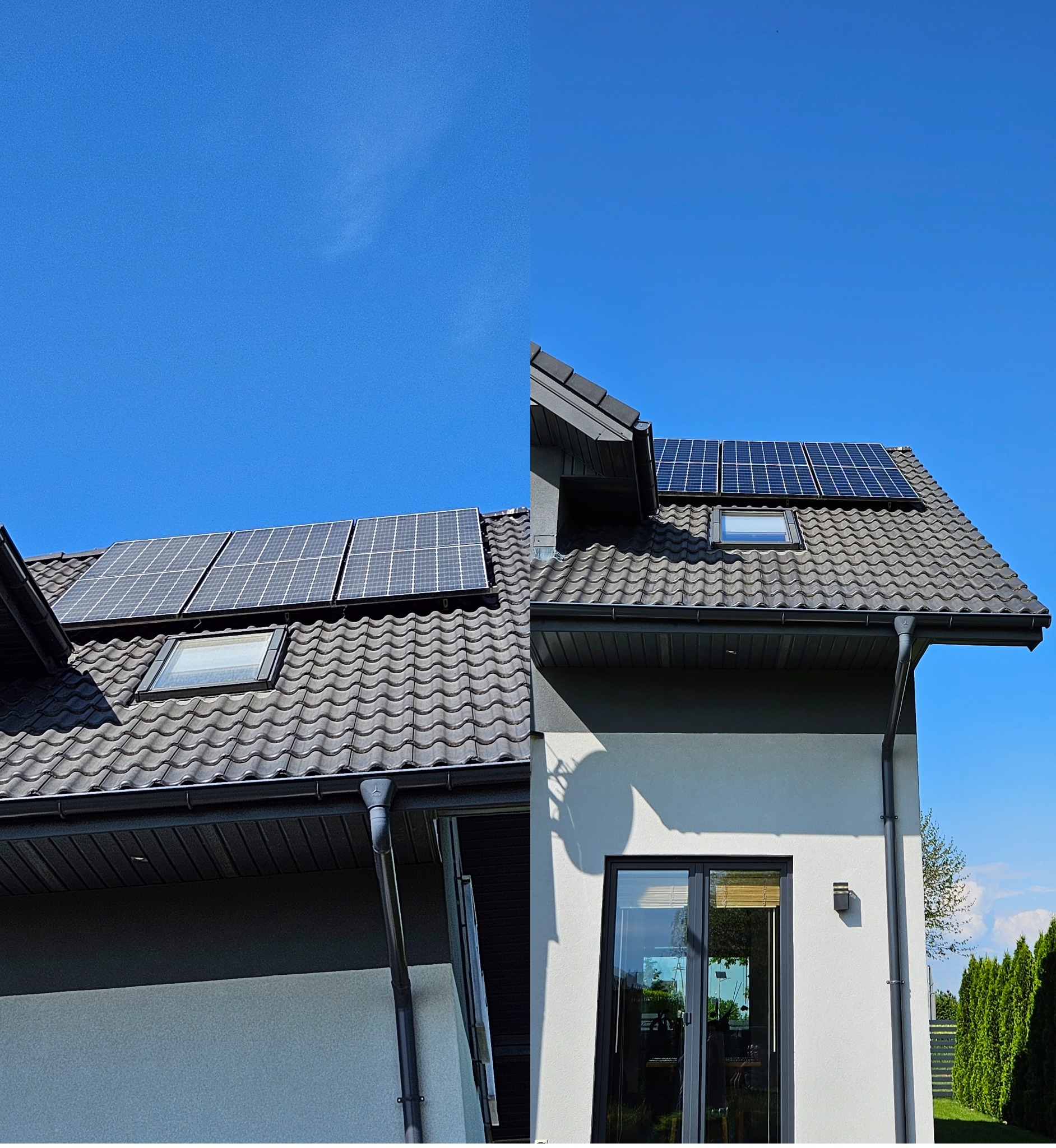 Dom z szarą dachówką, oknem dachowym, panelami słonecznymi i czarnymi rynnami, sfotografowany w słoneczny dzień.