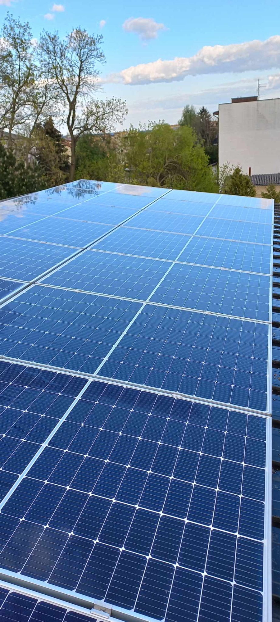 Błękitne panele słoneczne na dachu budynku, odbijające niebo, z widocznymi drzewami i budynkiem w tle.