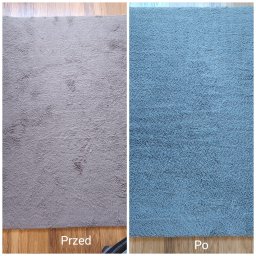 Clean Service Łukasz Pawłowski - Dywan typu shaggy podzielony na dwie części: lewa strona szara i zabrudzona z widocznymi plamami, podpisana 'Przed', prawa strona niebieska i czysta, podpisana 'Po'.