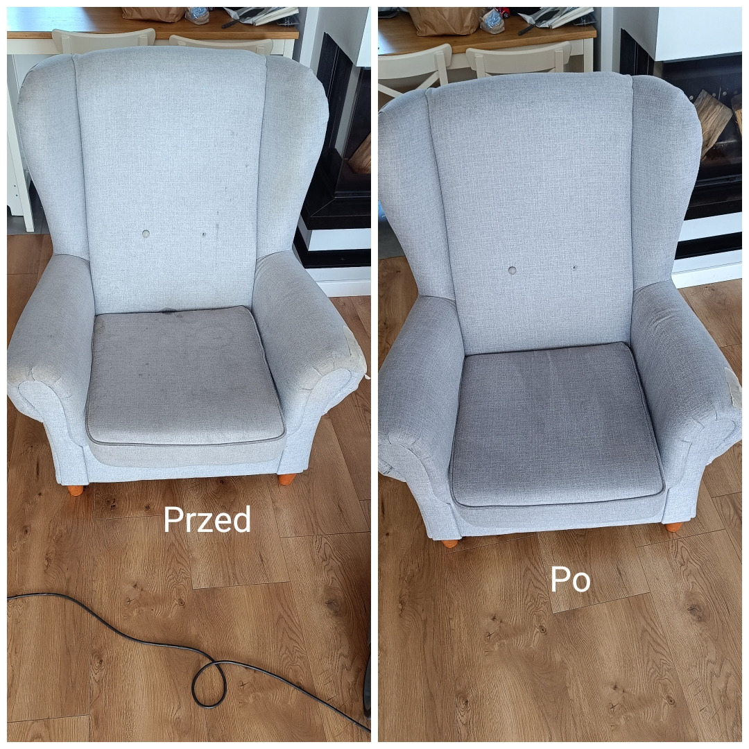 Fotel uszak w odcieniach szarości, po lewej stronie z widocznymi plamami i zabrudzeniami ('Przed'), po prawej stronie po czyszczeniu ('Po'), na drewnianej podłodze.