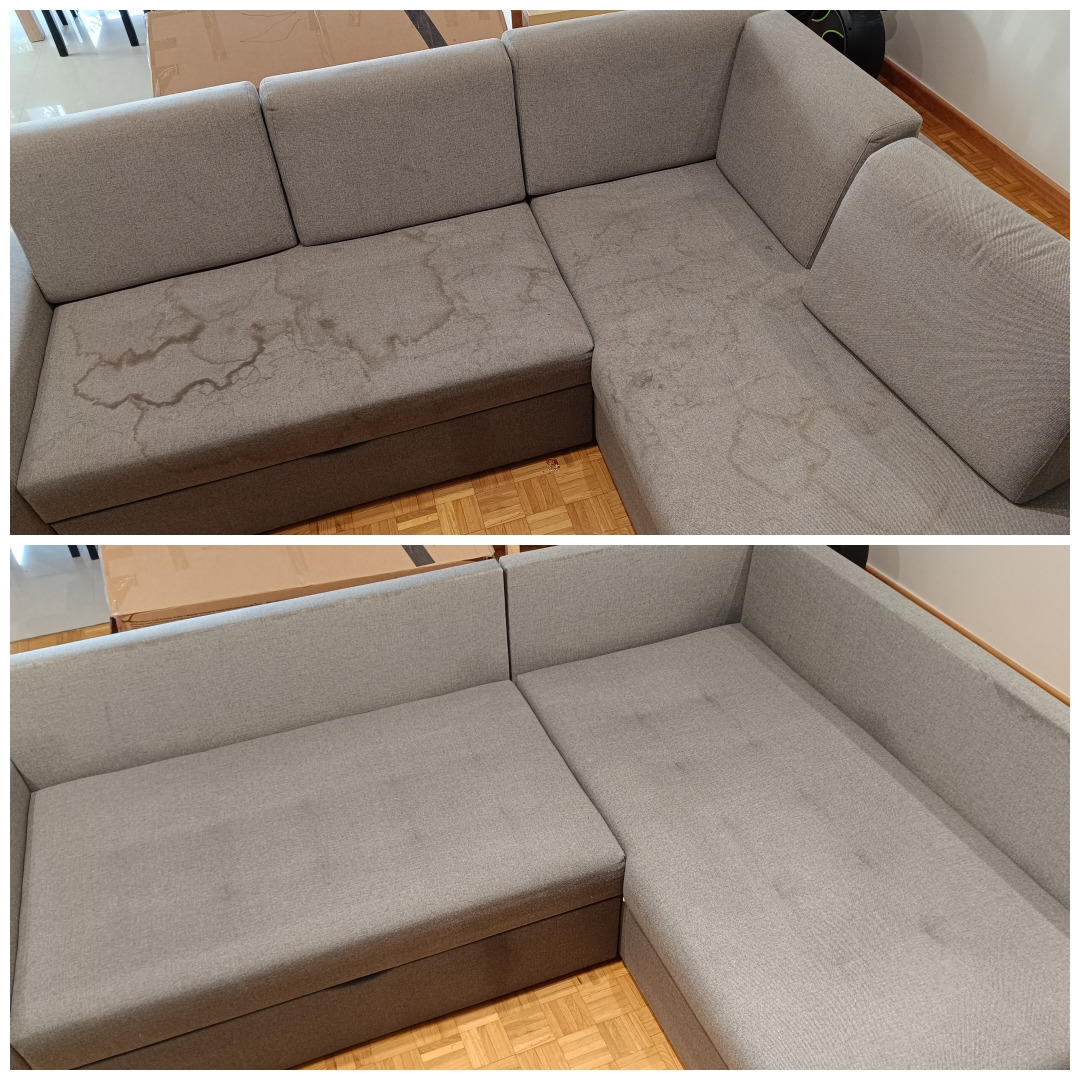 Dwuczęściowe ujęcie narożnika z szarej tkaniny: góra pokazuje plamy przed czyszczeniem, dół prezentuje efekt po usunięciu zabrudzeń, uwidaczniając jednolitą barwę materiału.