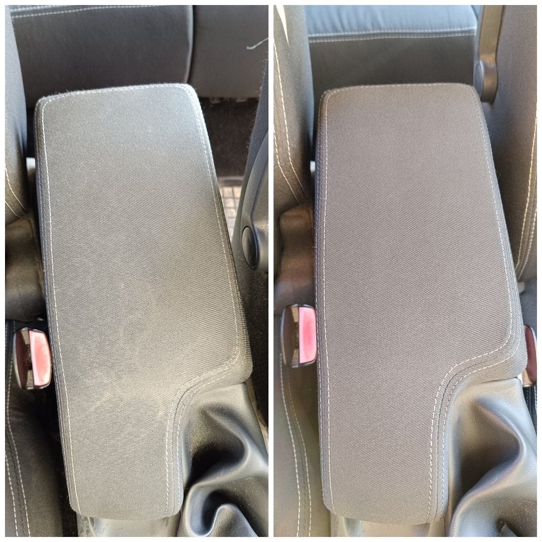 Porównanie: Podłokietnik samochodowy przed i po czyszczeniu. Po lewej widoczne zabrudzenia i ślady użytkowania, po prawej czysty, odświeżony materiał z wyraźnym szwem.