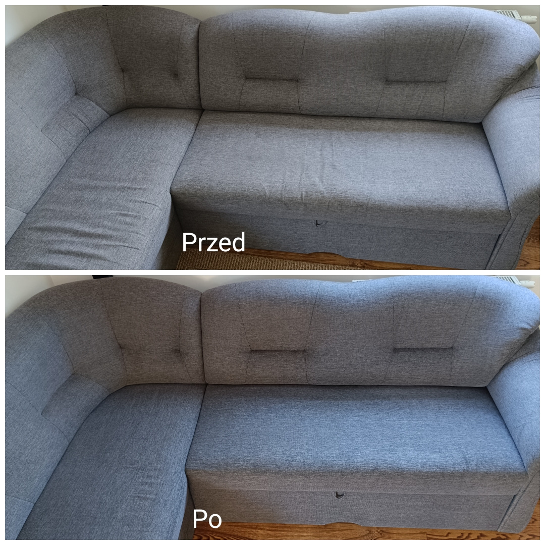 Szara, narożna kanapa tapicerowana, widok z przodu, porównanie stanu przed i po czyszczeniu, z widoczną różnicą w odcieniu i usunięciu zabrudzeń.