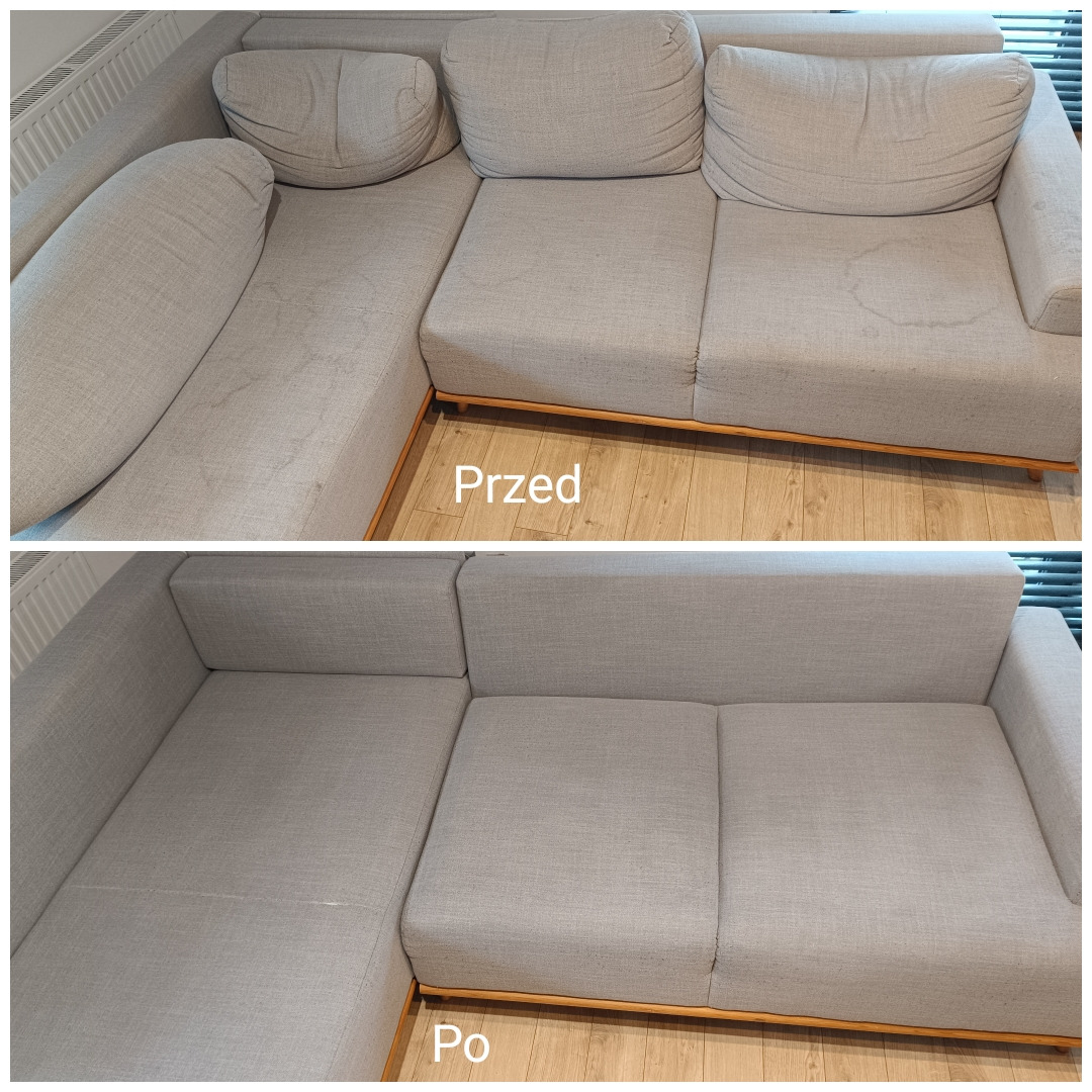 Dwu-częściowe ujęcie sofy modułowej przed i po czyszczeniu, widoczne plamy i zabrudzenia na górnym zdjęciu, dolne zdjęcie prezentuje czystą tapicerkę.