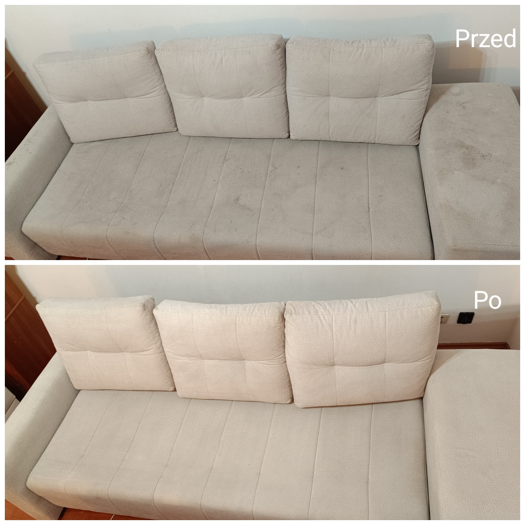 Beżowa kanapa z materiałową tapicerką, widok przed i po czyszczeniu. Górna część zdjęcia pokazuje zabrudzenia, a dolna czystą kanapę. Napisy 'Przed' i 'Po' w prawych górnych rogach odpowiednich...