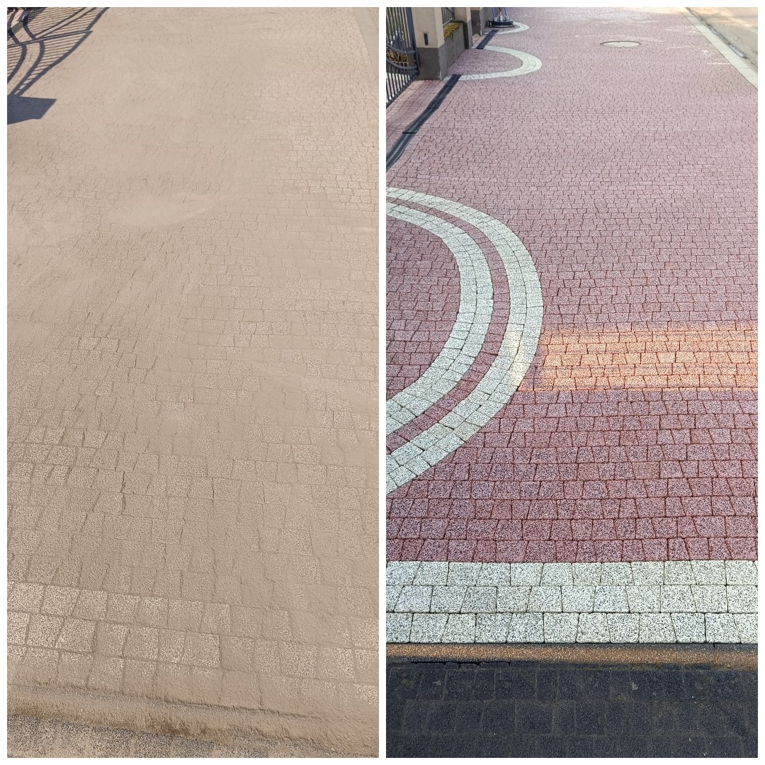 Kostka brukowa przed i po czyszczeniu. Lewa strona zabrudzona, prawa strona czysta, z widocznym wzorem z jasnych kostek. Efekt czyszczenia kostki brukowej.