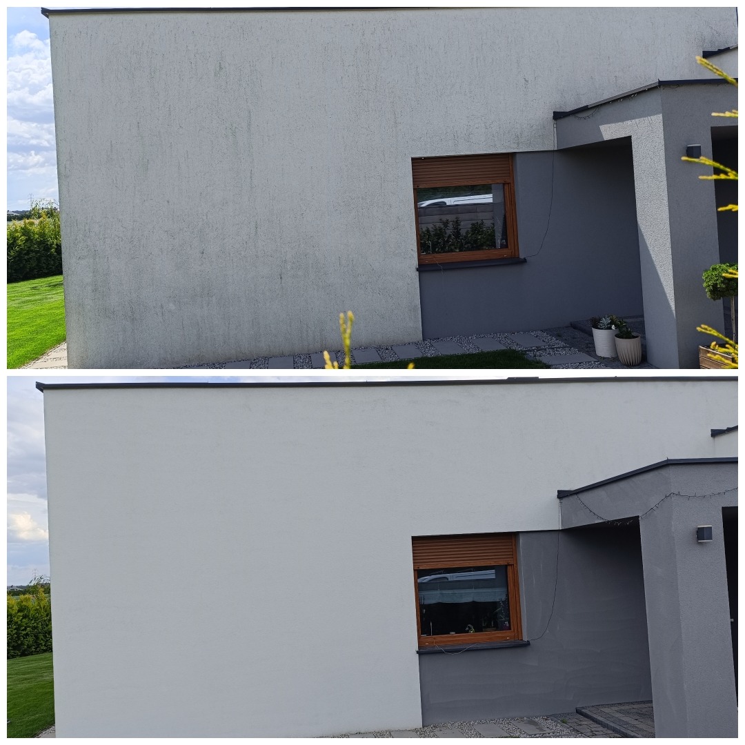 Zdjęcie elewacji domu w układzie 'przed i po' - górna część pokazuje zabrudzoną ścianę, dolna - czystą, pomalowaną na biało. Widoczne okno z roletą i fragment ogrodu.
