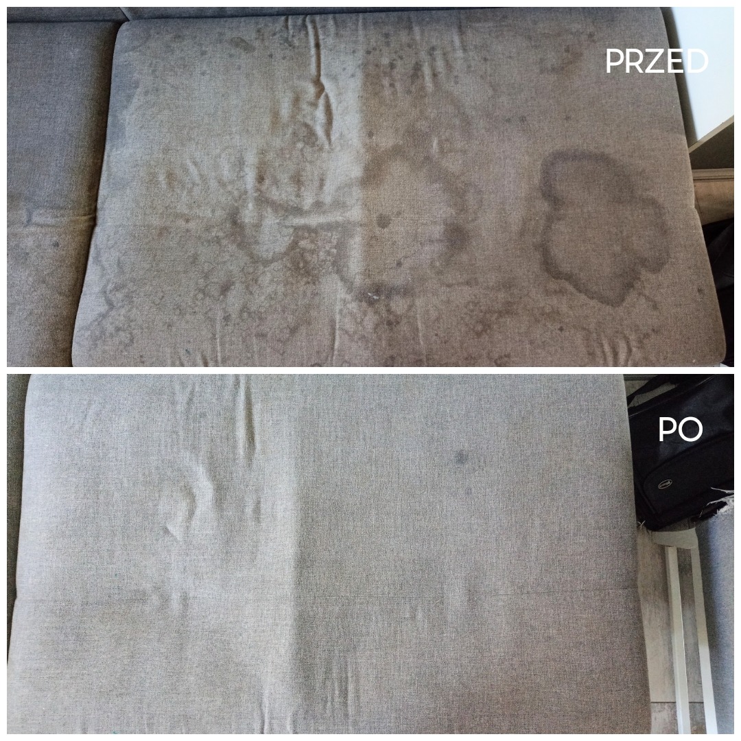 Tapicerka sofy: widoczne plamy i zabrudzenia przed czyszczeniem (góra) oraz efekt po czyszczeniu (dół).