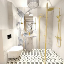 Nowoczesna łazienka z marmurową umywalką na postumencie, złotą armaturą prysznicową i geometryczną podłogą w tonacji bieli i czerni, oświetlona dekoracyjną lampą sufitową.