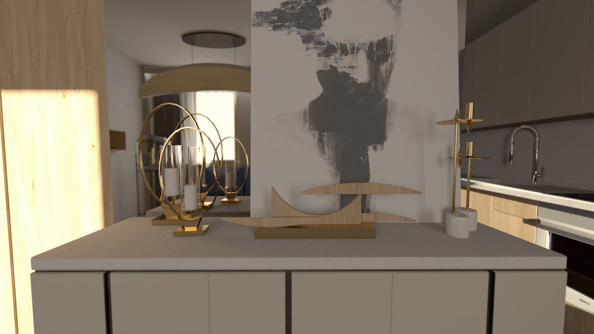 Dekoracje w minimalistycznym wnętrzu: złote świeczniki obręczowe z białymi świecami, drewniana abstrakcyjna rzeźba i wysoki świecznik na tle abstrakcyjnego portretu i kuchennej zabudowy...