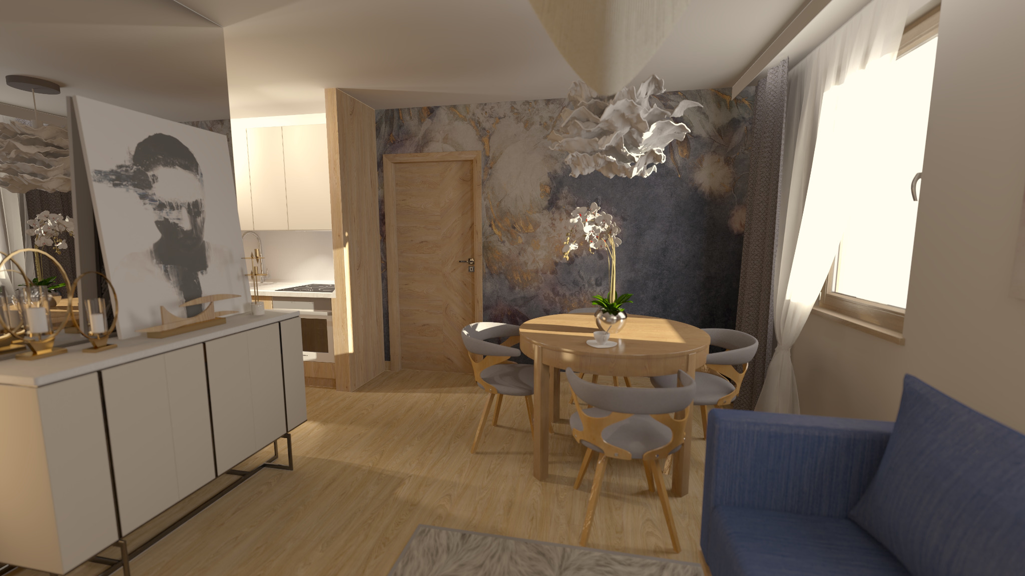 Wizualizacja wnętrza: okrągły stół z czterema krzesłami, biała orchidea w srebrnym wazonie, abstrakcyjna tapeta w odcieniach szarości i złota, biała komoda z dekoracjami, fragment niebieskiej sofy.