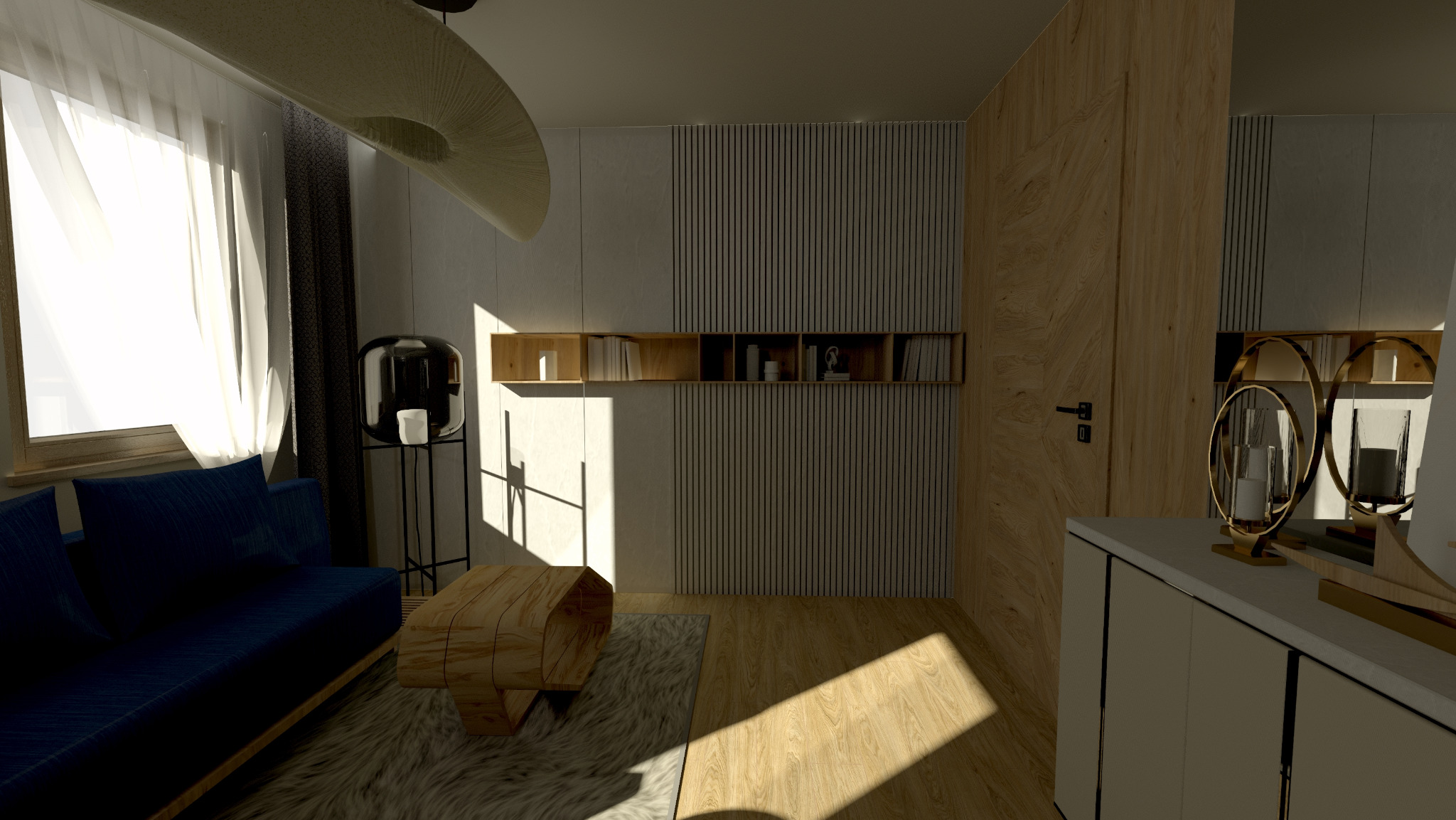 Nowoczesny salon z niebieską sofą, drewnianym stolikiem kawowym i półkami ściennymi, oświetlony naturalnym światłem wpadającym przez okno z białymi zasłonami.