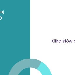 Tråd - Slajd prezentacji: Część 2, Poznaj TRAD, Kilka słów o nas, z elementami graficznymi w kolorach turkusowym i fioletowym.