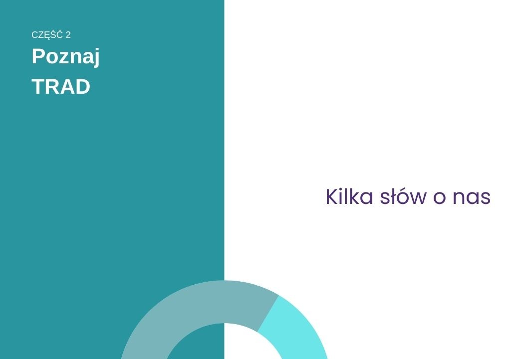 Slajd prezentacji: Część 2, Poznaj TRAD, Kilka słów o nas, z elementami graficznymi w kolorach turkusowym i fioletowym.