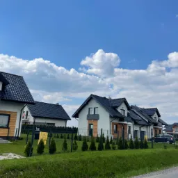 Nowoczesne domy jednorodzinne z czarnymi dachami i elementami drewnianej elewacji, oddzielone niskim ogrodzeniem z młodymi tujami, na tle błękitnego nieba z białymi obłokami.