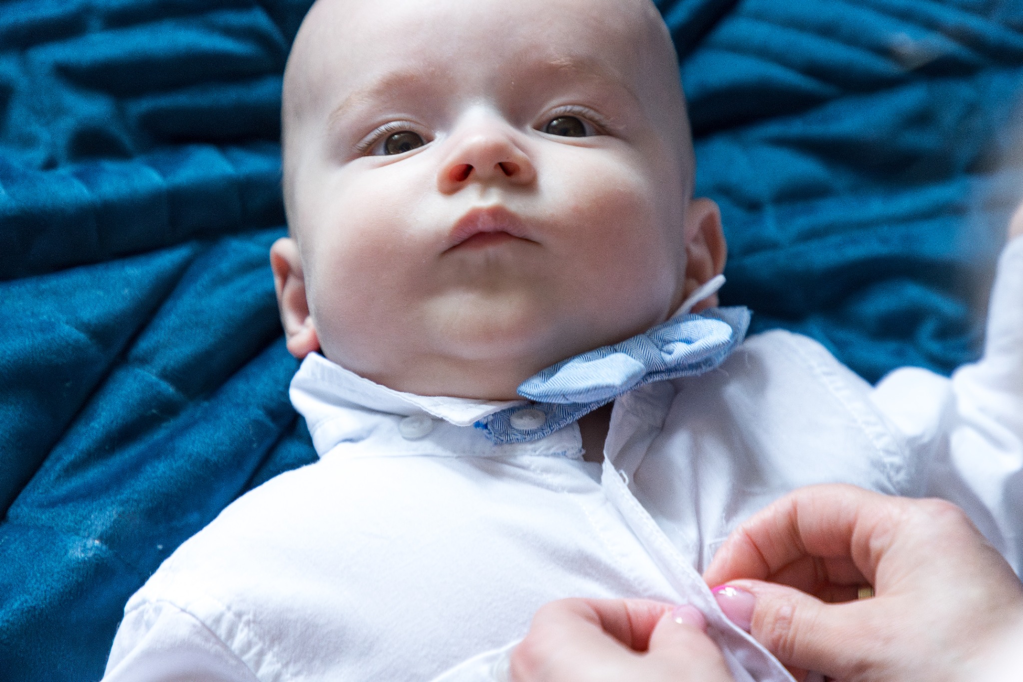 Portret niemowlęcia w białej koszuli i błękitnej muszce, zapinanej przez kobiece dłonie na tle turkusowego koca.