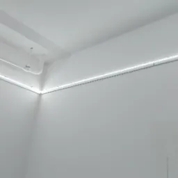 Wnętrze w trakcie remontu, białe ściany z widocznymi rurami pod sufitem i zamontowanym oświetleniem LED wzdłuż krawędzi sufitu, surowy otwór drzwiowy w prawym dolnym rogu, wskazujący na trwające...