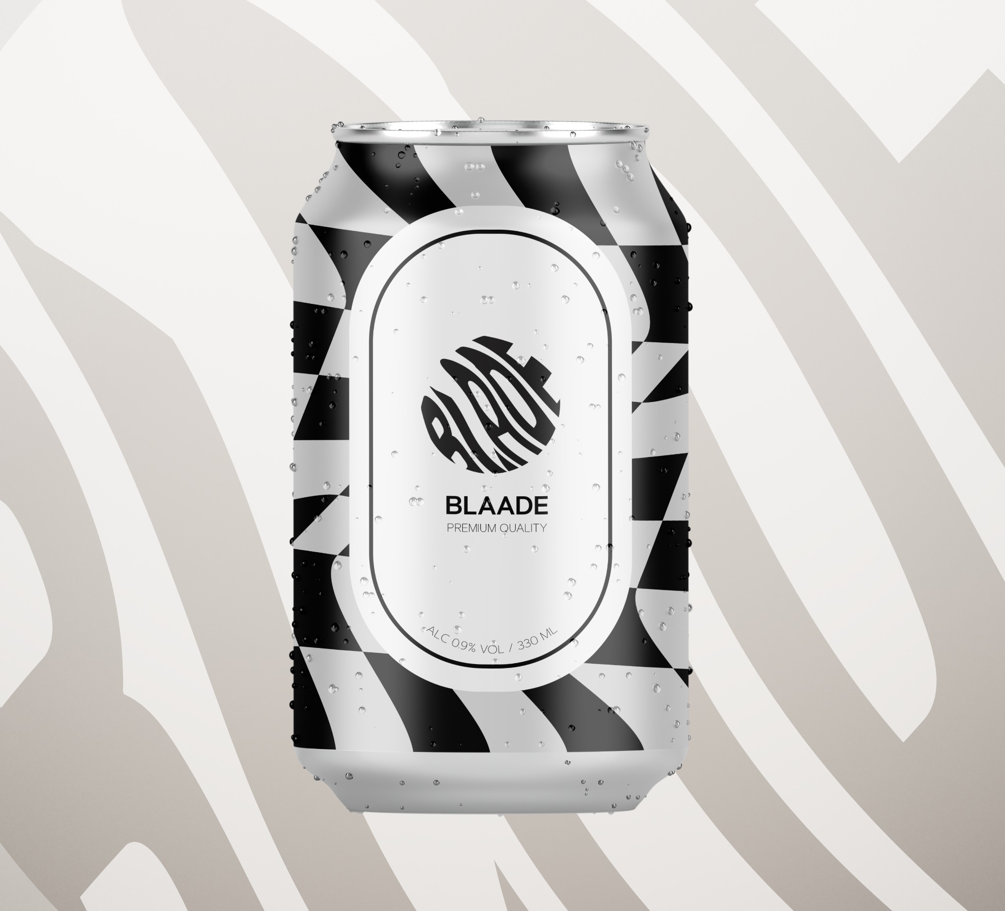 Render puszki napoju z czarno-białym wzorem szachownicy i kroplami wody, na tle w beżowe pasy.