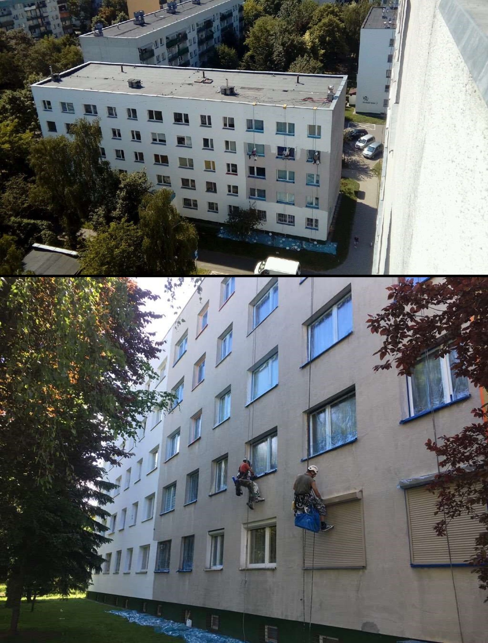 Dwóch alpinistów przemysłowych na linach podczas malowania ściany bloku mieszkalnego, okna zabezpieczone folią, widoczna zieleń drzew i trawnik.