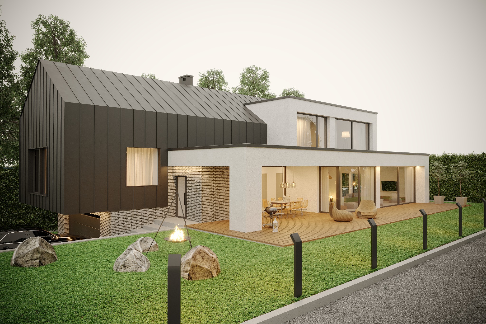 Wizualizacja nowoczesnego domu z elewacją w kolorze antracytowym i białym, z drewnianym tarasem, ogniskiem na trójnogu i dużymi oknami, oświetlonymi wnętrzami widocznymi wewnątrz.