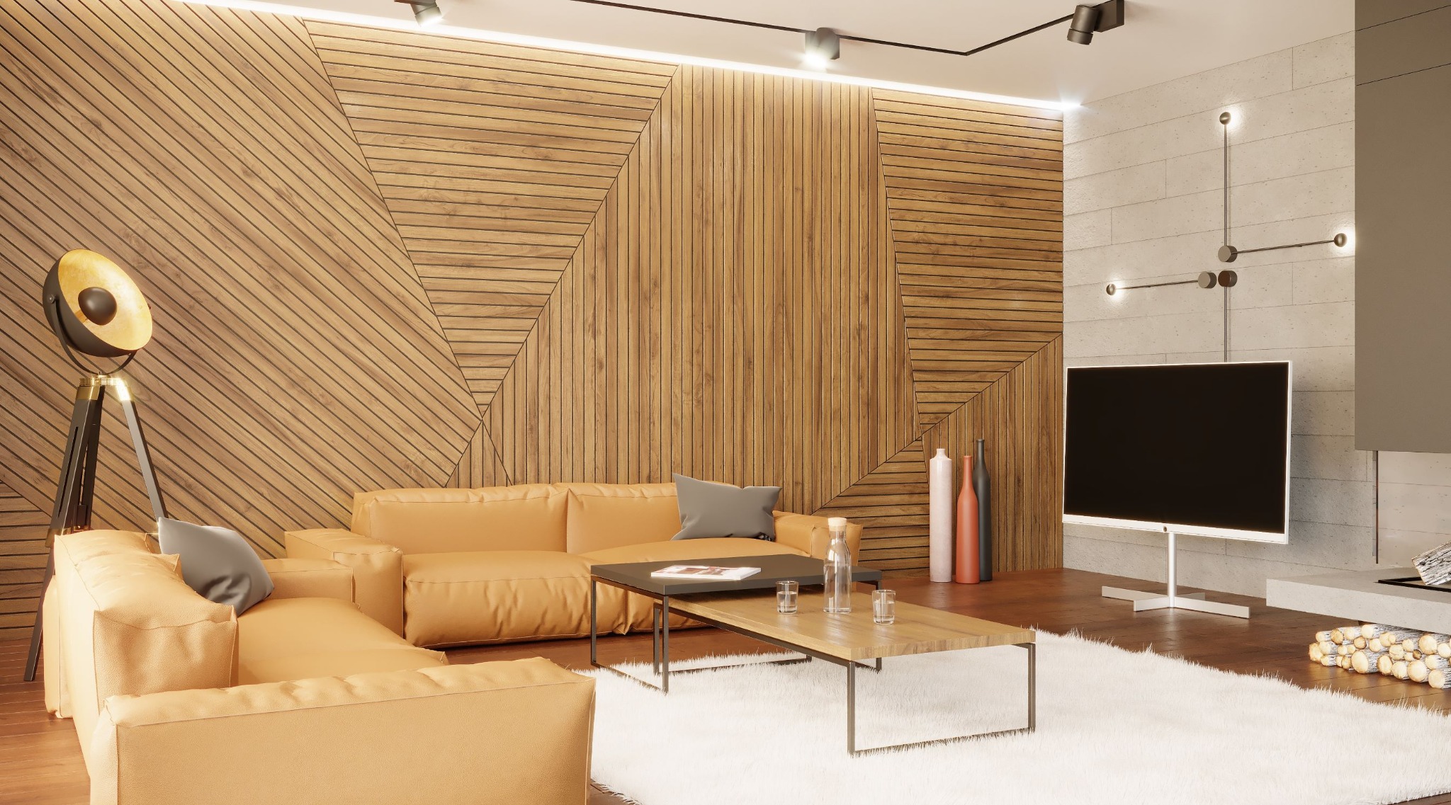 Nowoczesny salon z drewnianą ścianą w geometryczne wzory, pomarańczową sofą, lampą na trójnogu i białym dywanem typu shaggy.