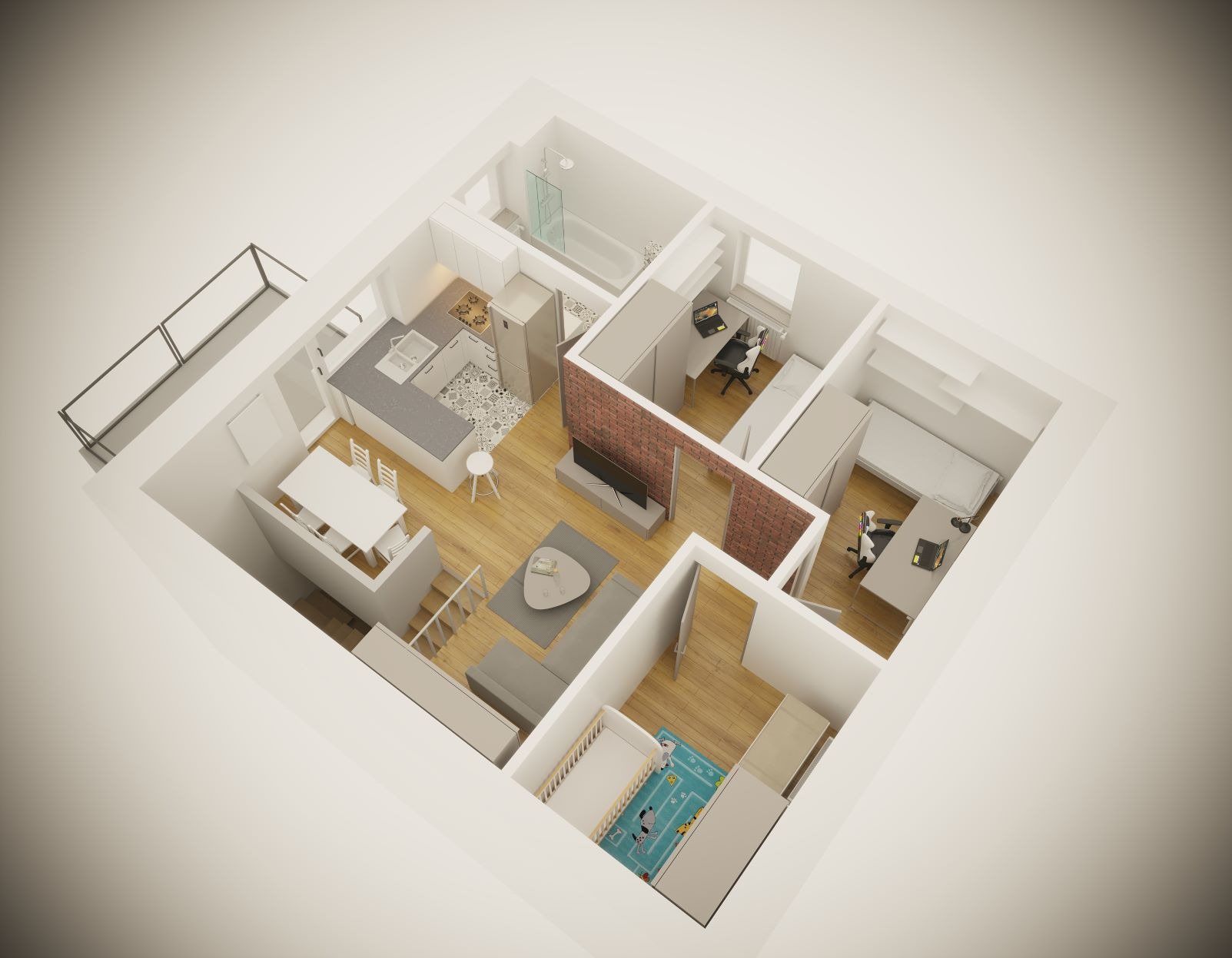 Wizualizacja 3D rzutu mieszkania z góry, ukazująca rozkład pomieszczeń: kuchnia z jadalnią, salon z ceglaną ścianą, dwie sypialnie (jedna z biurkiem i komputerem, druga z łóżeczkiem dziecięcym...
