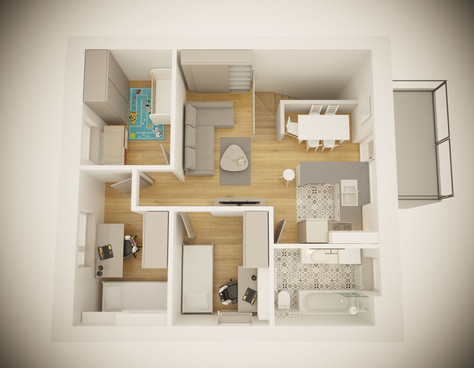 Rzut z góry na wizualizację 3D mieszkania z sypialnią dziecięcą z łóżeczkiem i kolorowym dywanem, salonem z szarą sofą narożną i telewizorem, jadalnią z białym stołem i krzesłami oraz łazienką...