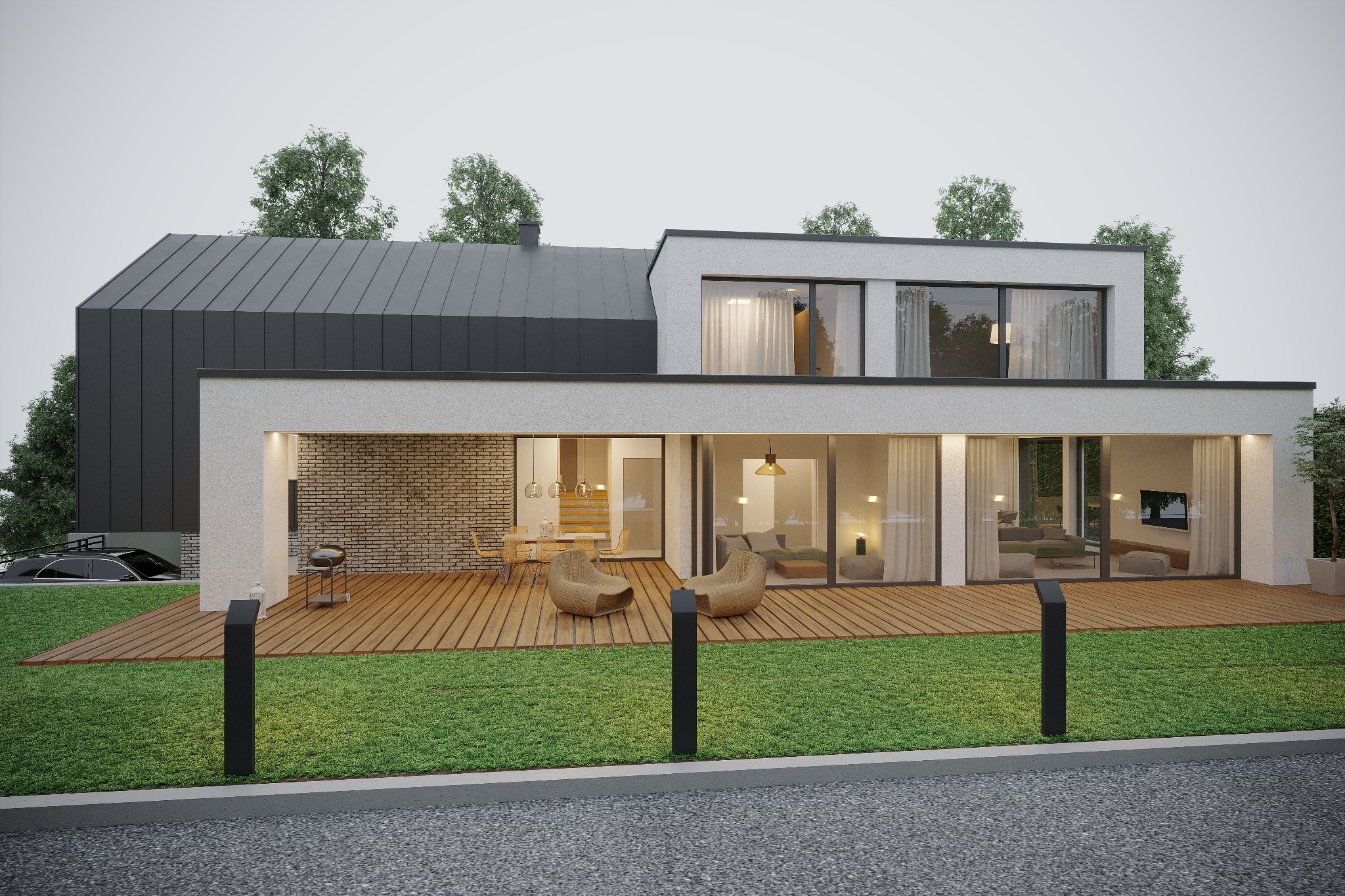 Wizualizacja nowoczesnego domu jednorodzinnego z płaskim dachem i dużymi przeszkleniami, tarasem z drewnianą podłogą i meblami ogrodowymi, oraz starannie utrzymanym trawnikiem.