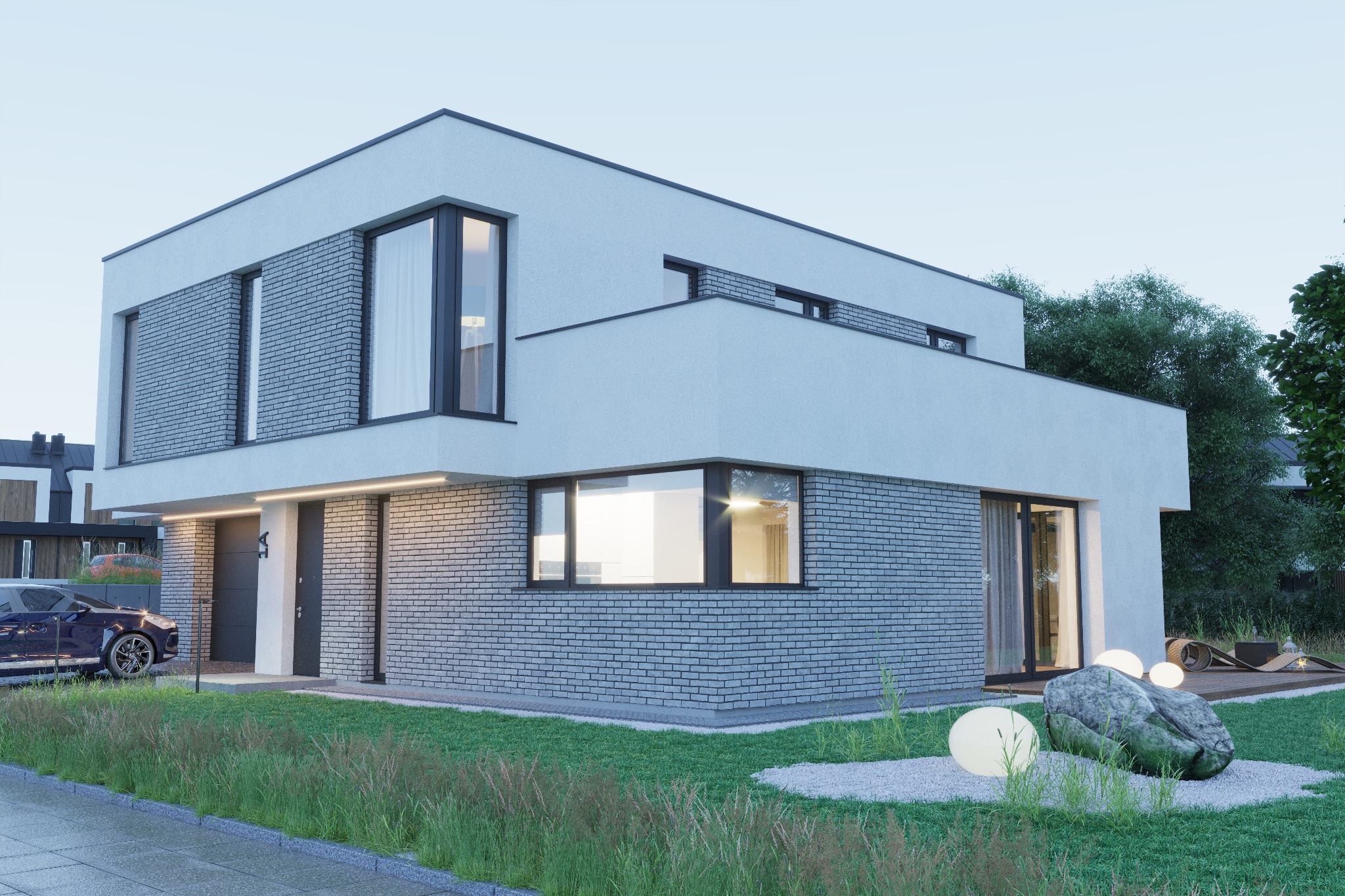 Dwukondygnacyjny dom z elewacją z szarej cegły i białego tynku, oświetlony kulistymi lampami ogrodowymi, z zaparkowanym granatowym samochodem.