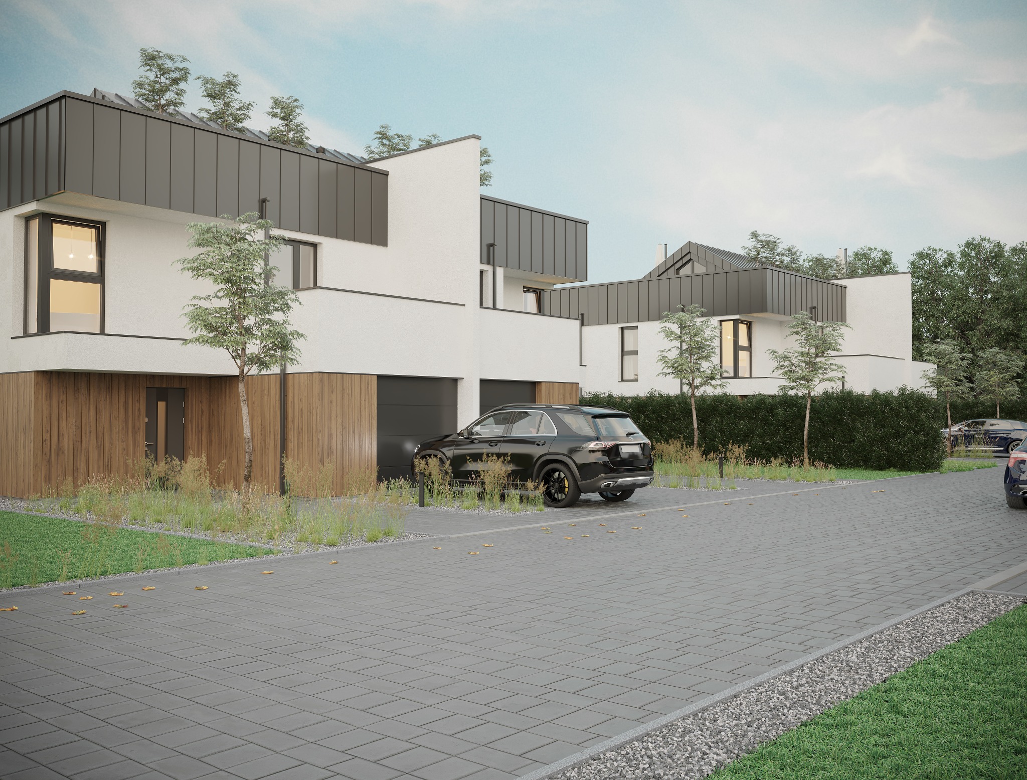 Wizualizacja nowoczesnych, dwupiętrowych domów szeregowych z płaskimi dachami, czarną elewacją i drewnianymi akcentami, z czarnym SUV-em zaparkowanym na szarym brukowanym podjeździe.