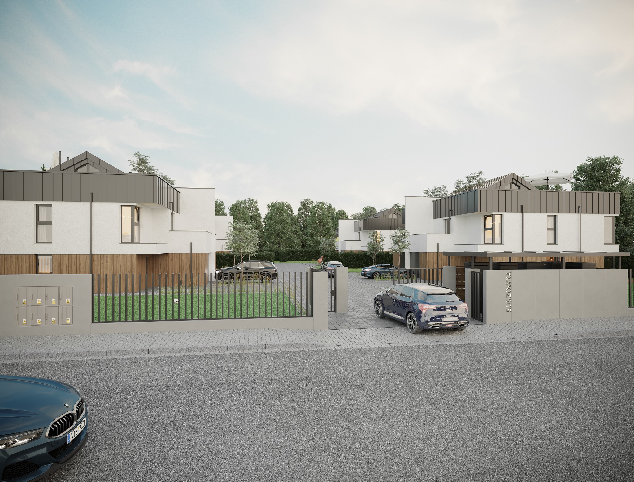 Wizualizacja osiedla nowoczesnych domów jednorodzinnych z płaskimi dachami i drewnianą elewacją, z samochodami zaparkowanymi na podjazdach i ogrodzeniem od ulicy Suszówka.