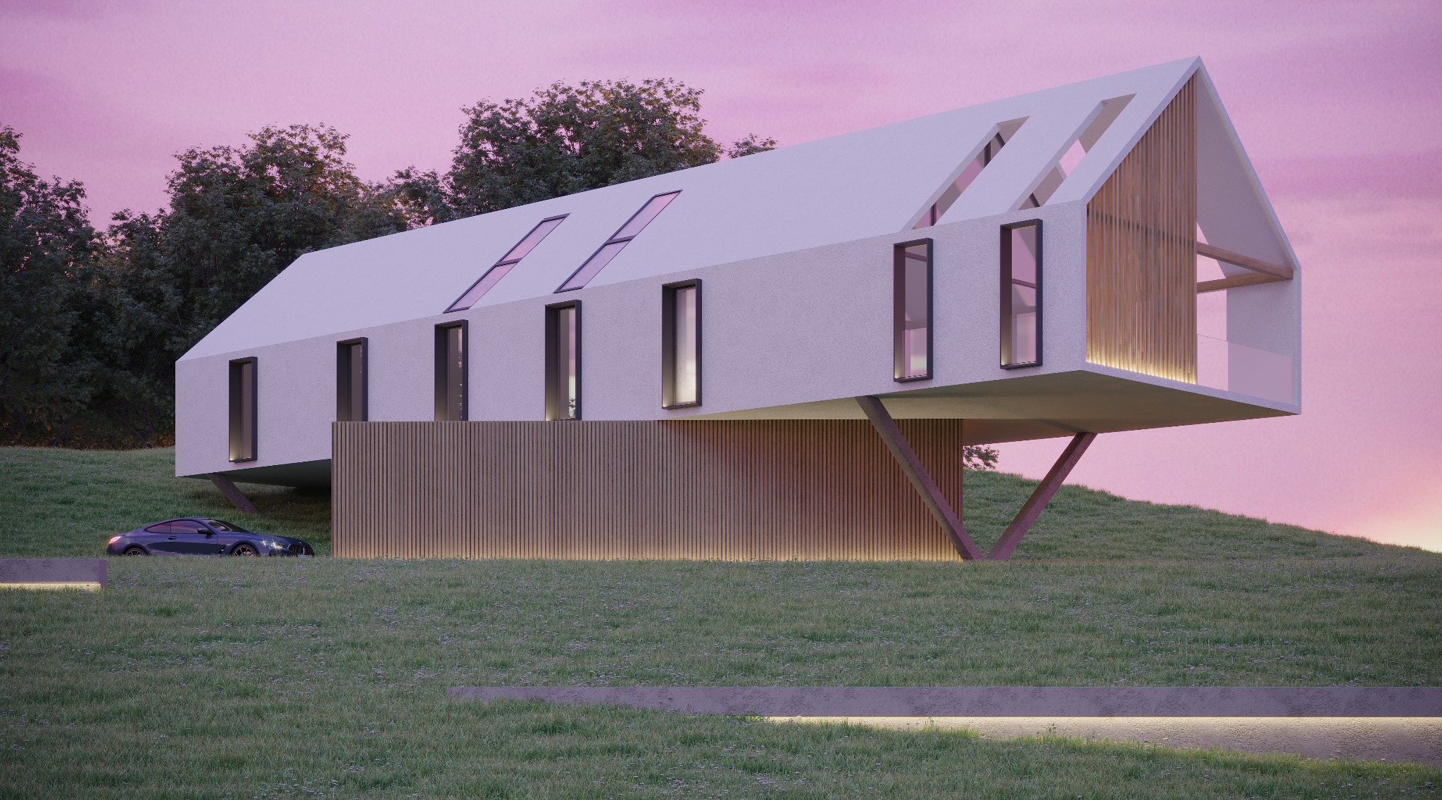 Wizualizacja nowoczesnego domu na wzgórzu z elementami drewnianymi i oświetleniem LED, widzianego o zmierzchu z zaparkowanym samochodem.