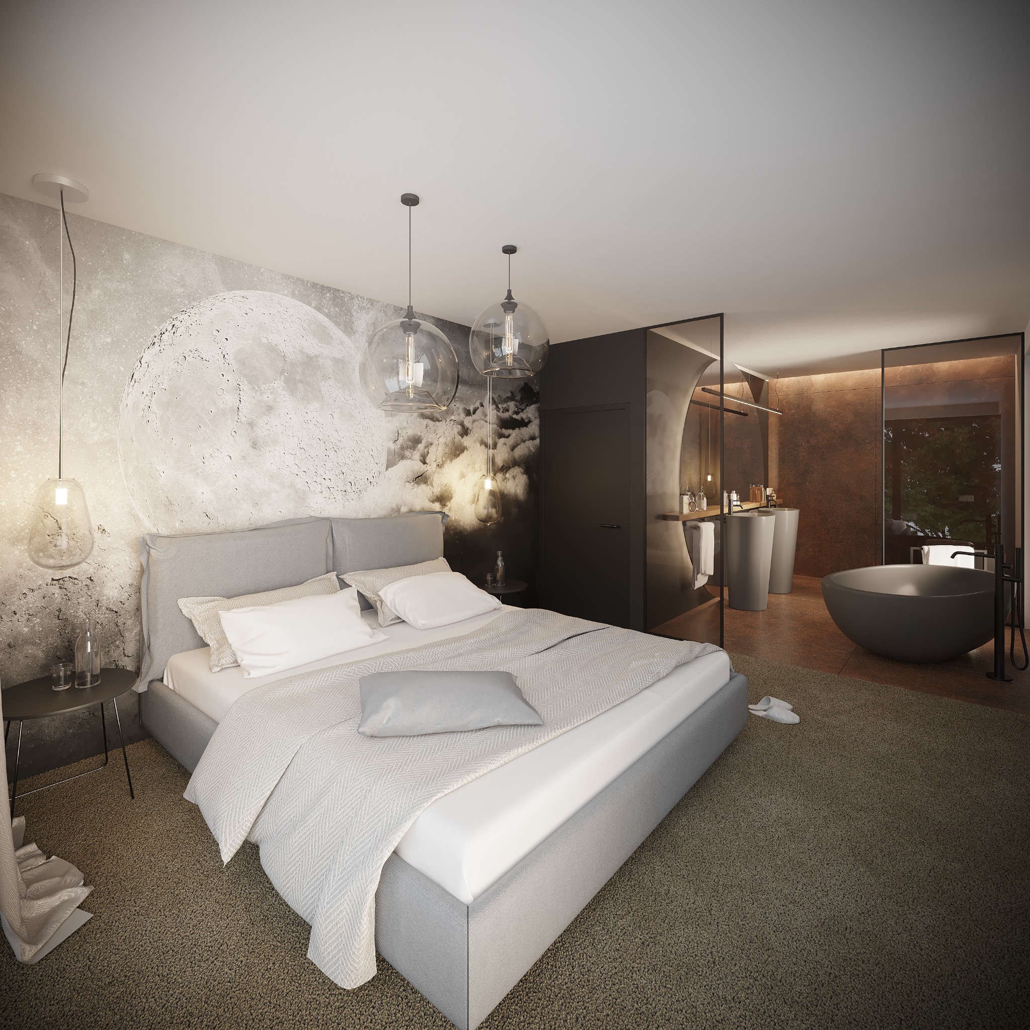 Nowoczesna aranżacja sypialni z łazienką w Wieliczce, z tapetą imitującą księżyc, wiszącymi lampami w kształcie kul i wolnostojącą wanną w głębokiej szarości.