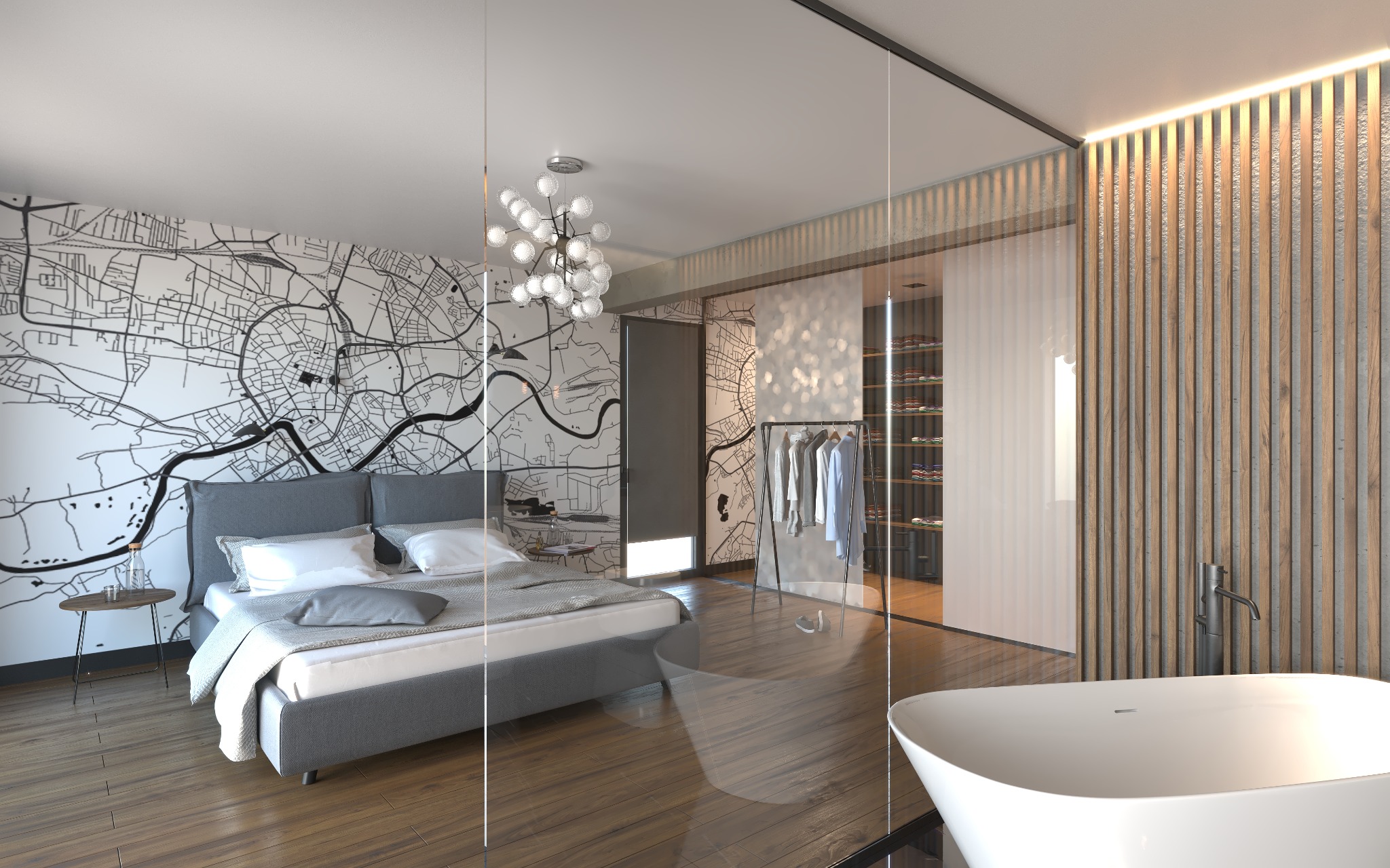 Nowoczesna sypialnia z łazienką oddzielona szklaną ścianą, tapeta z mapą miasta, szara platforma łóżka, wolnostojąca wanna z minimalistyczną baterią, oświetlenie LED na drewnianej ścianie...