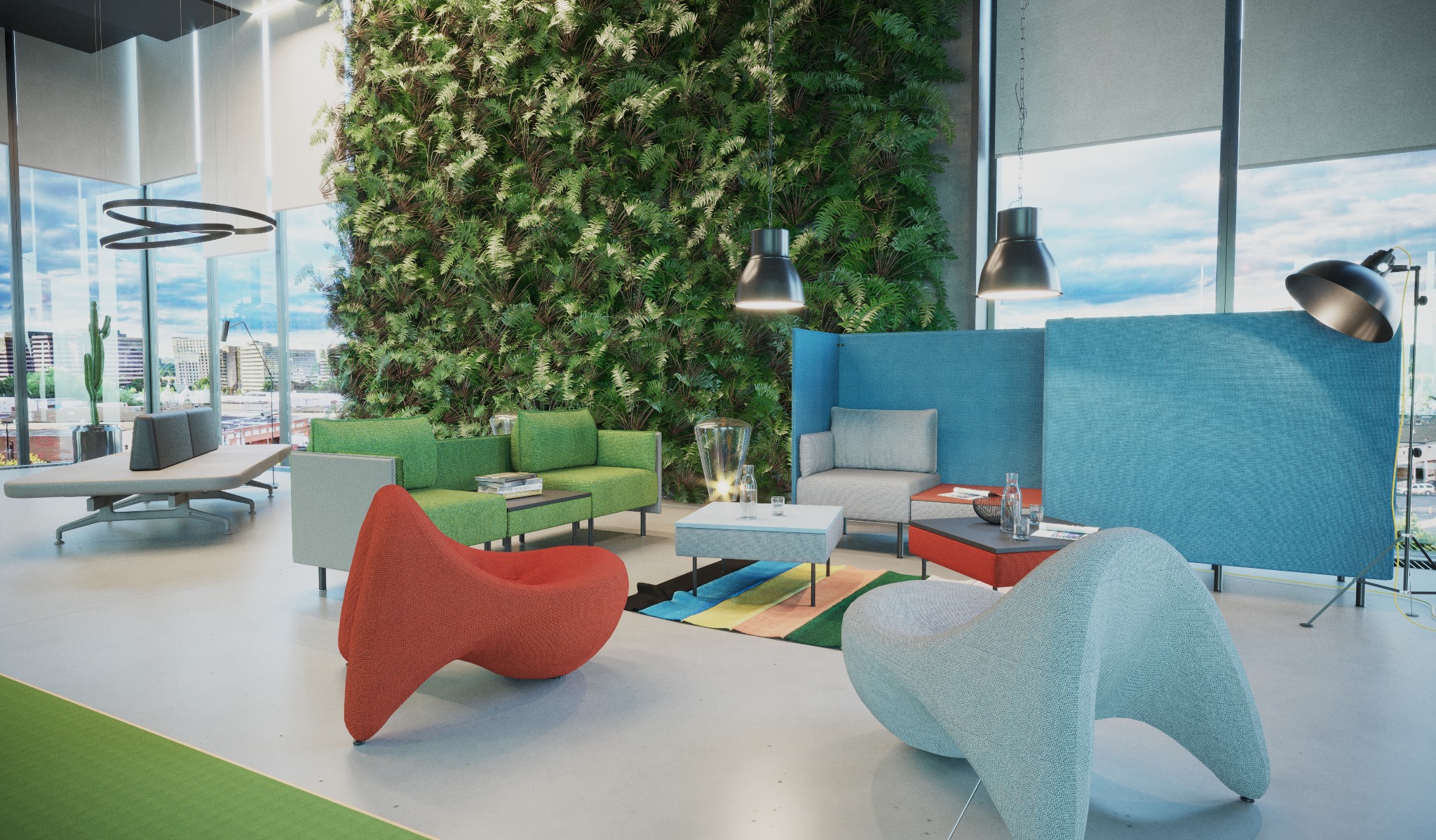 Nowoczesna przestrzeń biurowa z zieloną ścianą, kolorowymi meblami i dużymi oknami z widokiem na miasto.