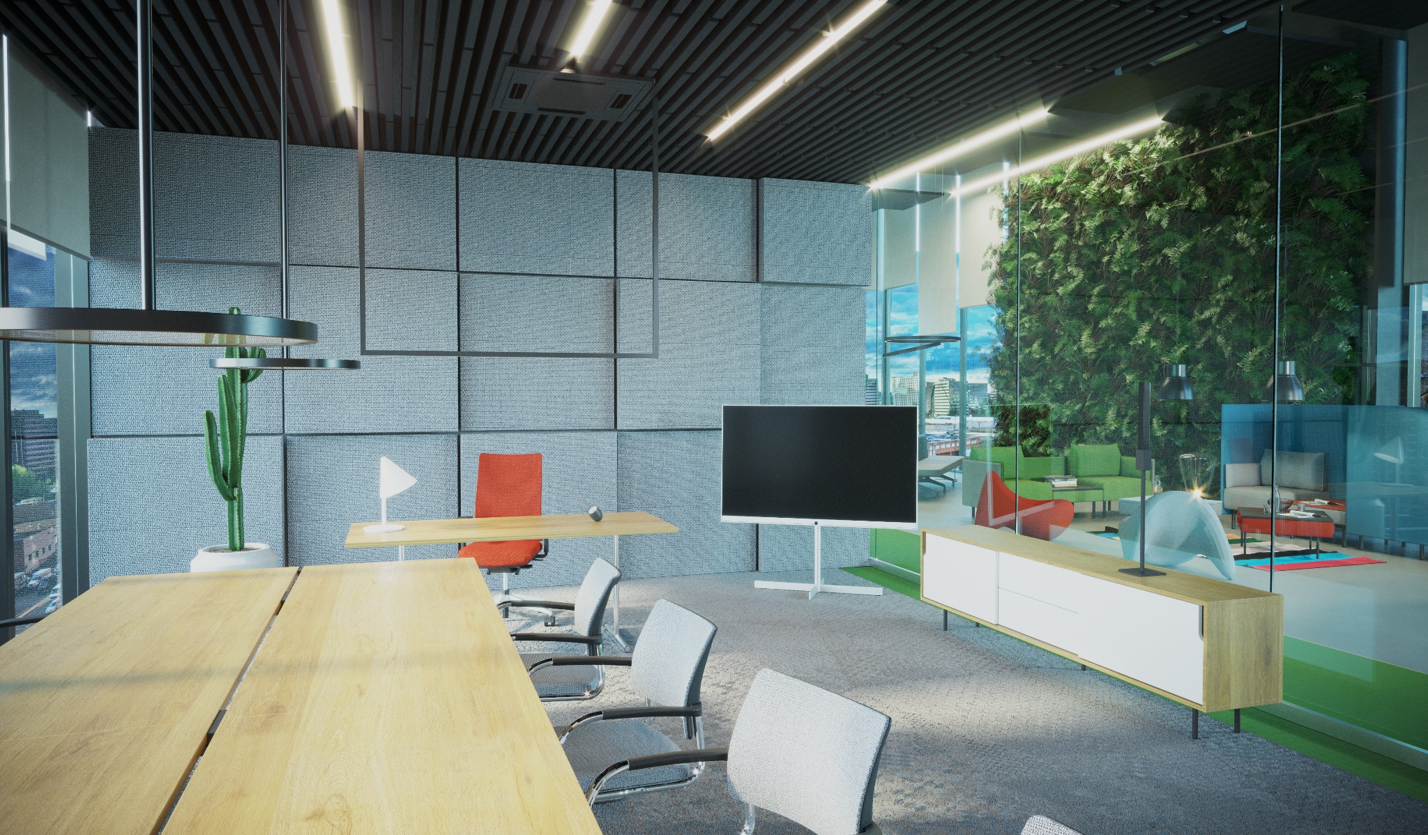 Nowoczesna przestrzeń biurowa z drewnianym stołem konferencyjnym, szarą ścianą z panelami akustycznymi, kaktusem w doniczce i ścianą zieleni za szklaną ścianą.