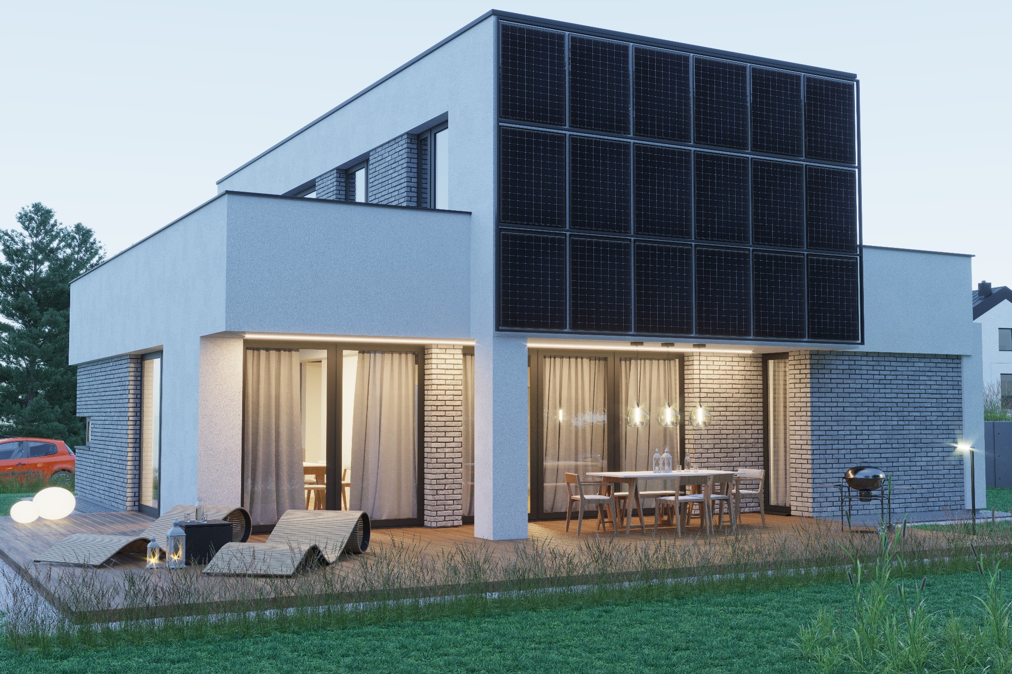 Nowoczesny dom z panelami słonecznymi na elewacji, taras z meblami ogrodowymi i leżakami, oświetlony wieczornym światłem.