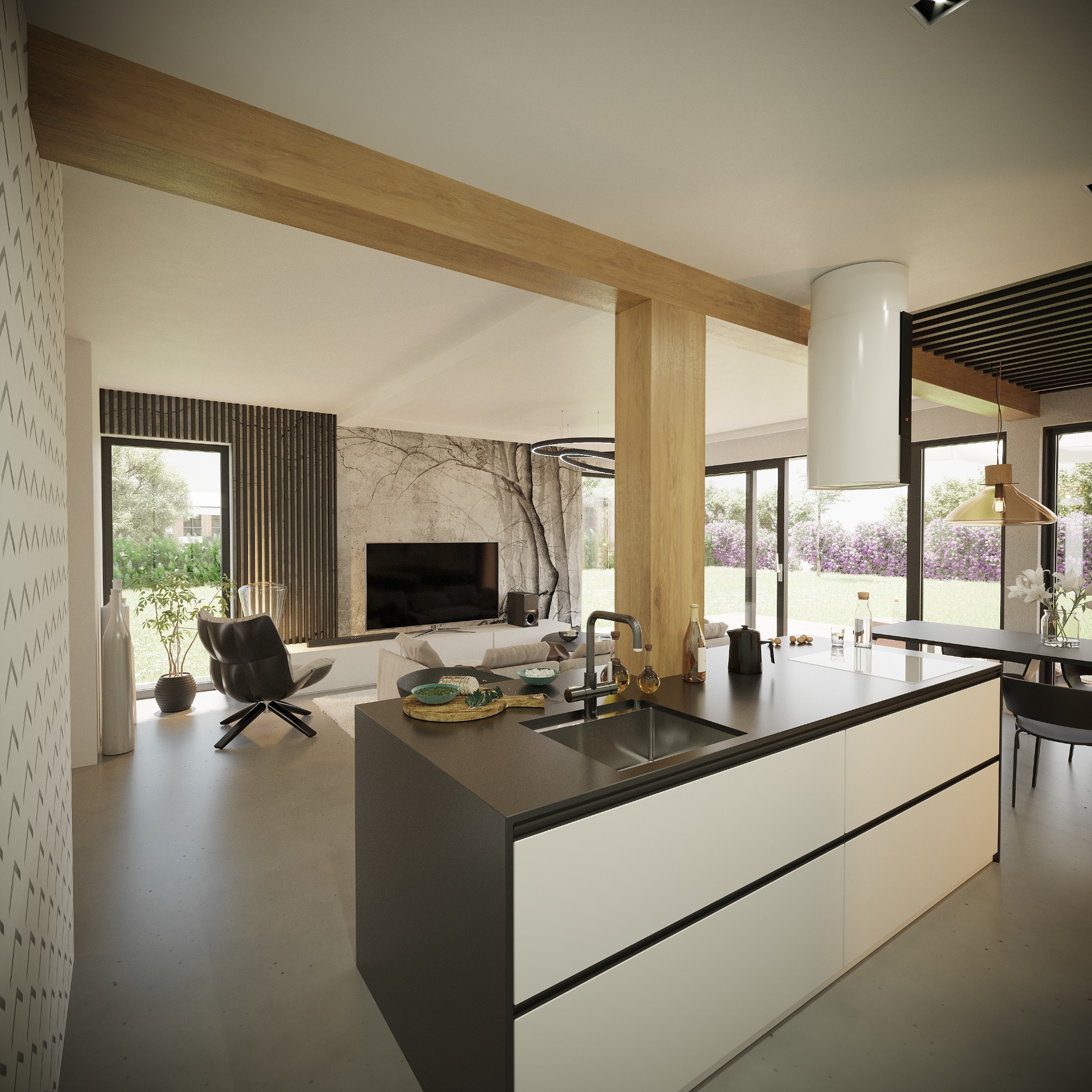 Wnętrze nowoczesnego domu z otwartą kuchnią, wyspą kuchenną z ciemnym blatem i białymi frontami, widok na salon z czarnym fotelem obrotowym i ścianą akcentową z motywem drzewa, duże okna z widokiem...