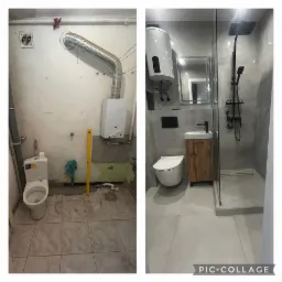 Porównanie łazienki przed i po remoncie: surowy stan z widocznym bojlerem i rurami kontra nowoczesna aranżacja z kabiną prysznicową, umywalką na szafce i podwieszaną toaletą.