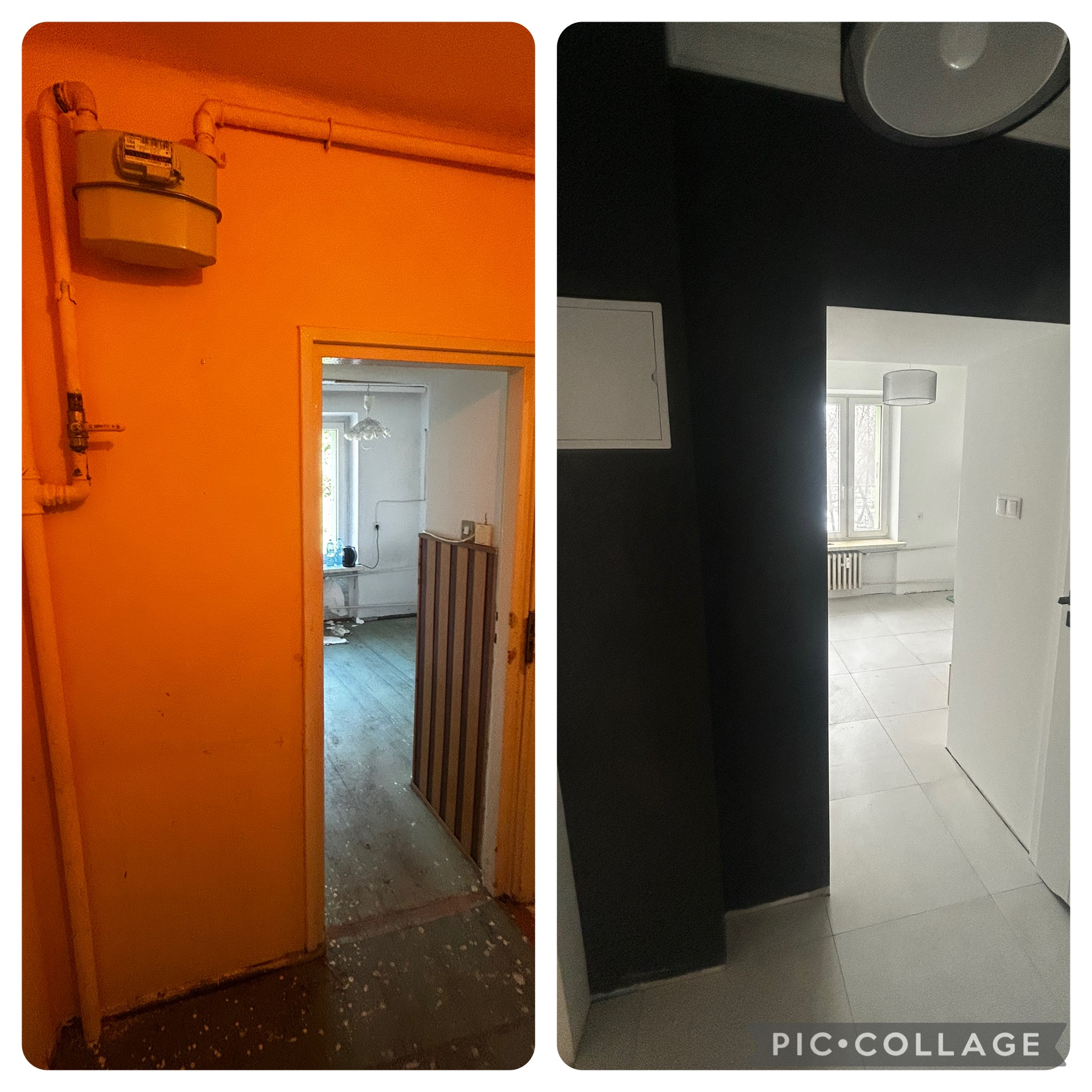 Porównanie stanu pokoju przed i po remoncie w Rogoźniku: po lewej pomarańczowe ściany i rury gazowe, po prawej czarne ściany i biała podłoga z płytek.
