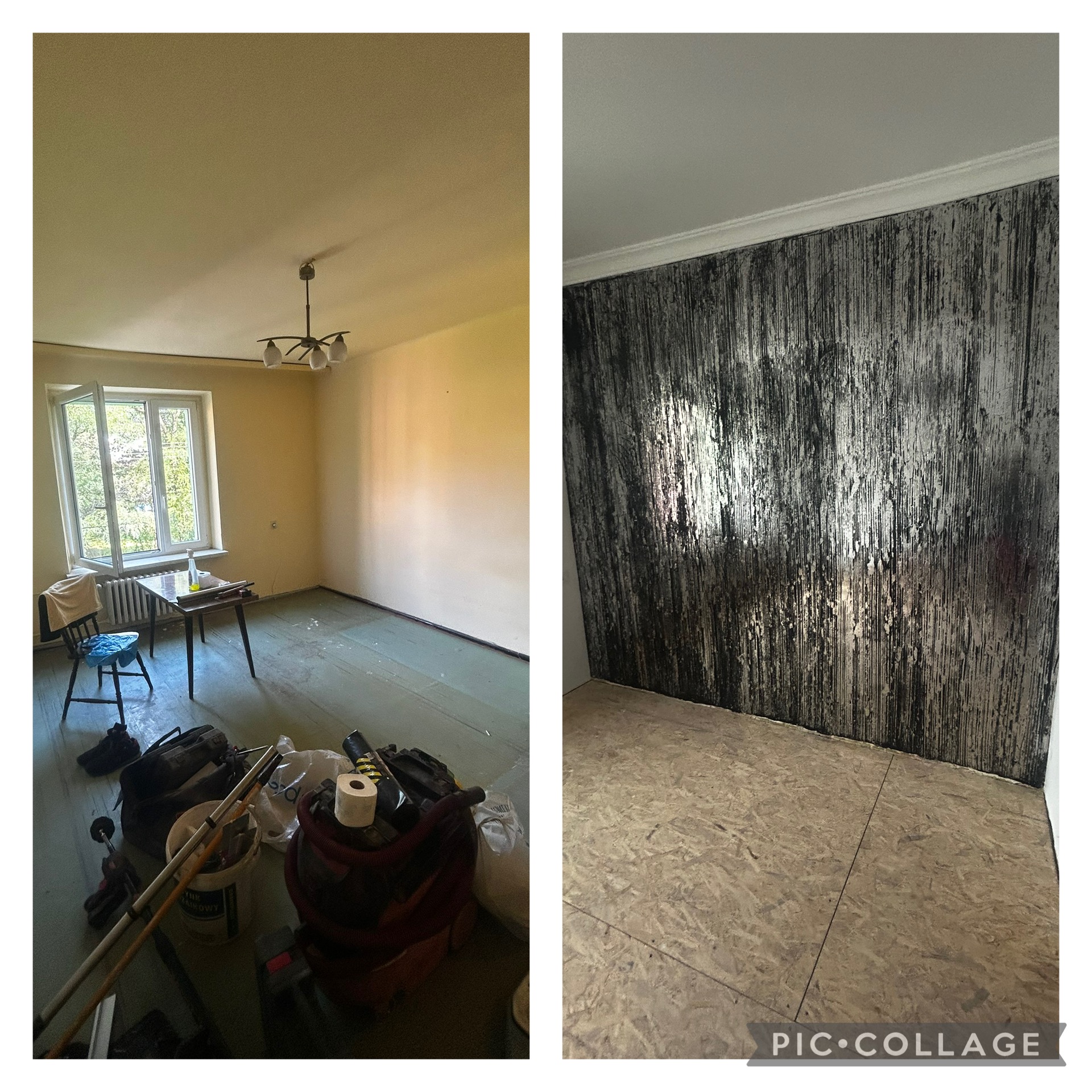 Porównanie stanu pokoju przed i po remoncie: surowe ściany i podłoga kontra ściana z dekoracyjną tapetą w odcieniach szarości i czerni oraz surowa podłoga.