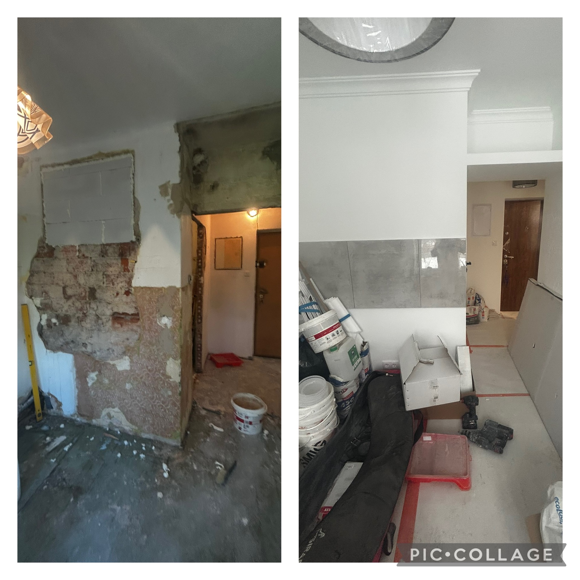Porównanie stanu pokoju przed i po: od ściany z odsłoniętą cegłą i resztkami tapety do gładkiej, białej ściany z szarą płytką dekoracyjną, widoczne materiały budowlane i narzędzia.