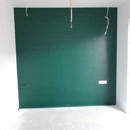 MPAKIET SP. Z O.O. - Świeżo pomalowana ściana na ciemnozielony kolor w pustym pokoju, widoczne wystające kable elektryczne i zakryte gniazdka, podłoga z resztkami farby.