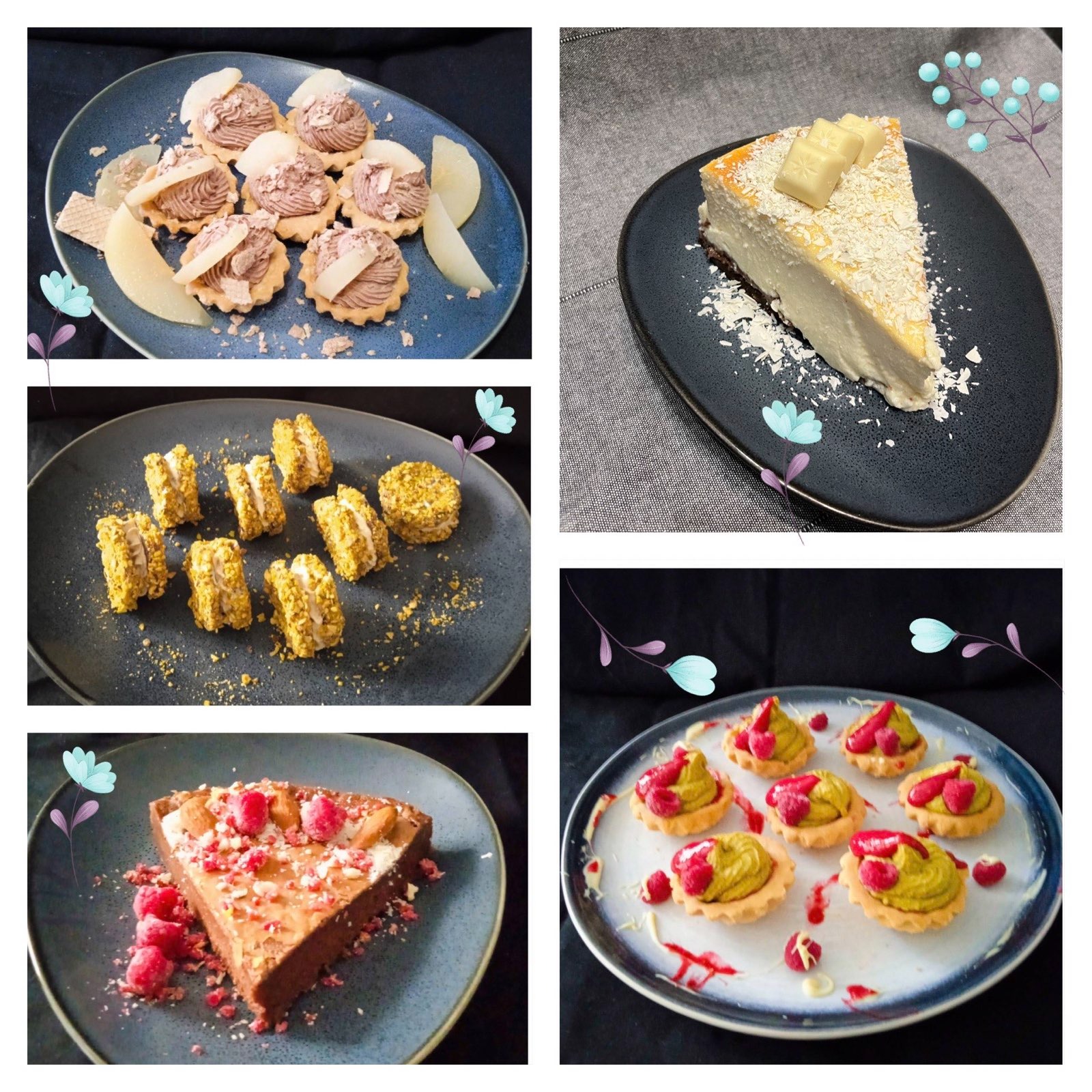 Kompozycja czterech różnych deserów: mini tartaletki z kremem czekoladowym i gruszką, sernik z białą czekoladą, ciastka przekładane z posypką pistacjową oraz tartaletka z kremem pistacjowym...